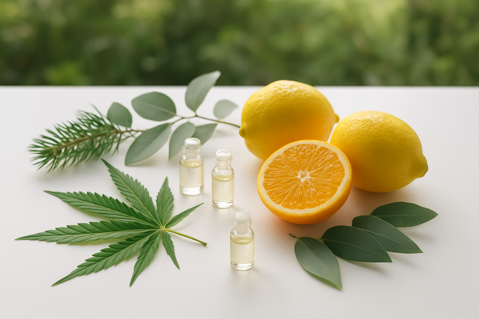 Create a realistic image of various natural plants and botanical sources containing terpinene arranged in an educational display, featuring fresh cannabis leaves, citrus fruits like oranges and lemons, pine branches with needles, eucalyptus leaves, and small glass vials containing clear essential oils, all arranged on a clean white laboratory table with soft natural lighting from above, creating an informative and scientific atmosphere that emphasizes the natural origins of terpinene compounds, with a blurred botanical garden background, absolutely NO text should be in the scene.