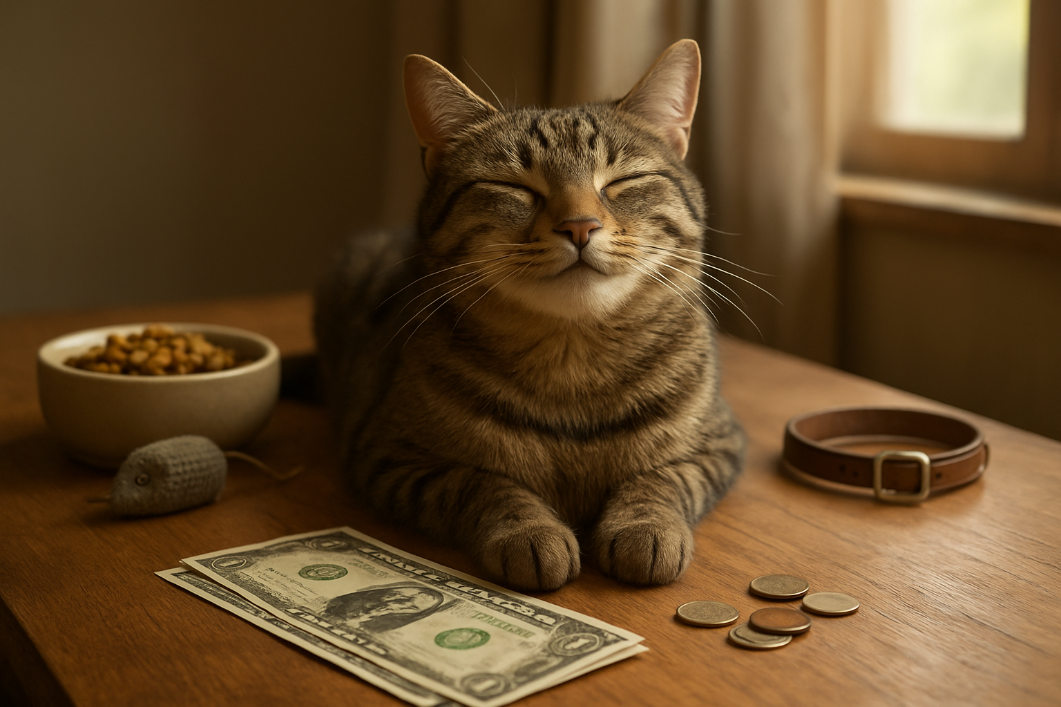 Create a realistic image of a happy tabby cat sitting contentedly next to a small pile of dollar bills and coins on a wooden table, with essential cat supplies like a food bowl, toy mouse, and collar visible in the background, warm natural lighting streaming through a window creating a cozy home atmosphere that conveys successful budget-friendly pet adoption, absolutely NO text should be in the scene.