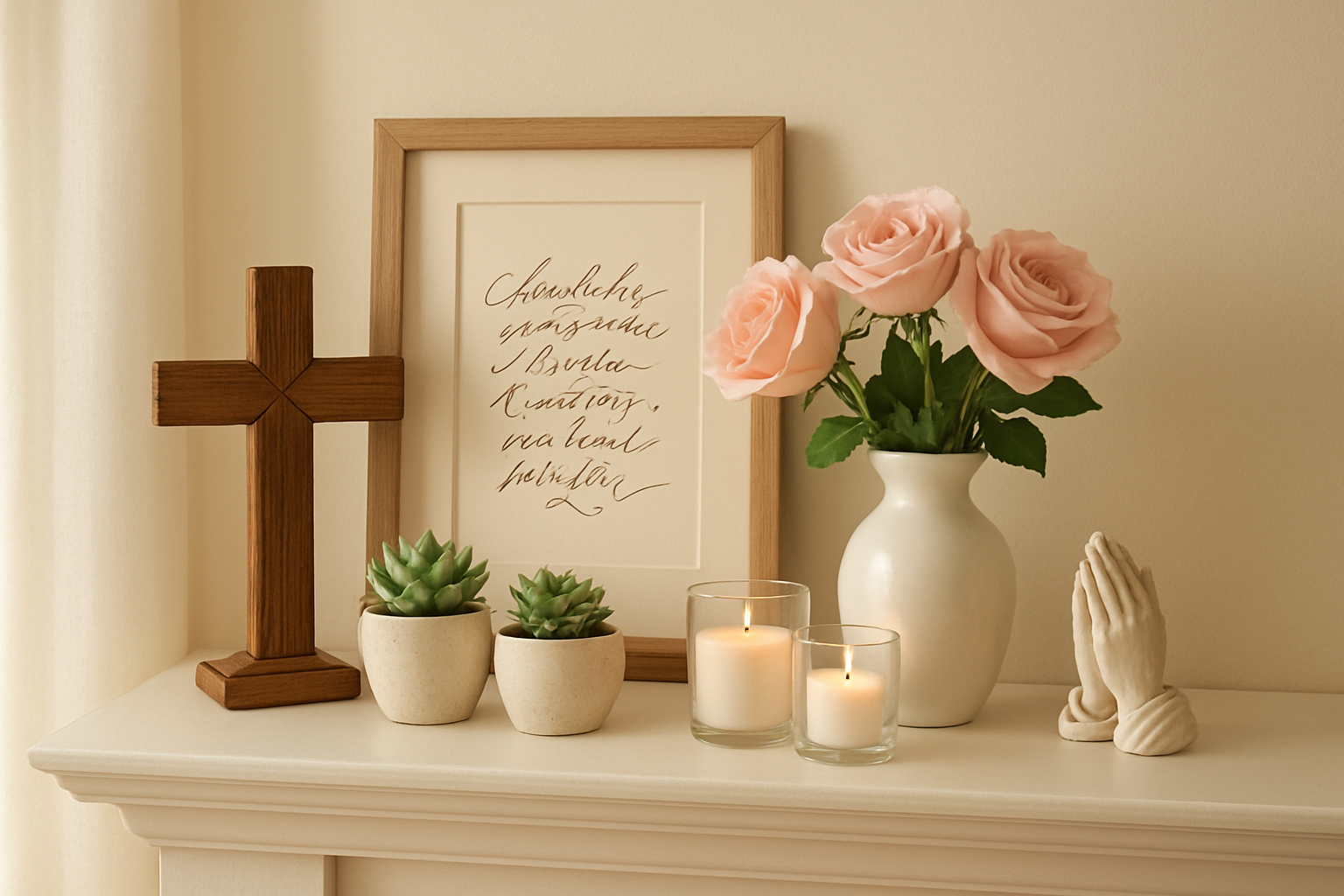 Create a realistic image of elegant Christian home decor items arranged on a white wooden shelf or mantelpiece, including a beautiful wooden cross, framed scripture verse in calligraphy, small potted succulents, white ceramic vase with fresh pink roses, decorative candles in glass holders, and a small inspirational figurine of praying hands, all set against a soft cream-colored wall with warm natural lighting streaming from the left side, creating a peaceful and faith-filled atmosphere perfect for a Valentine's gift display, absolutely NO text should be in the scene.