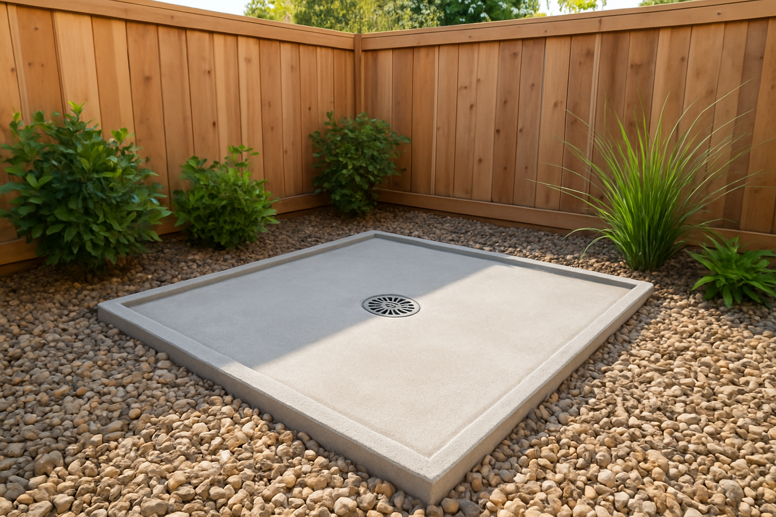 Create a realistic image of a well-designed outdoor dog potty area featuring a concrete pad with a central drain, surrounded by decorative gravel or small stones, with proper ventilation elements like strategically placed plants and open airflow design, showing a clean and odor-free setup with good drainage system visible, bright natural daylight illuminating the area, modern backyard setting with fence in background, absolutely NO text should be in the scene.