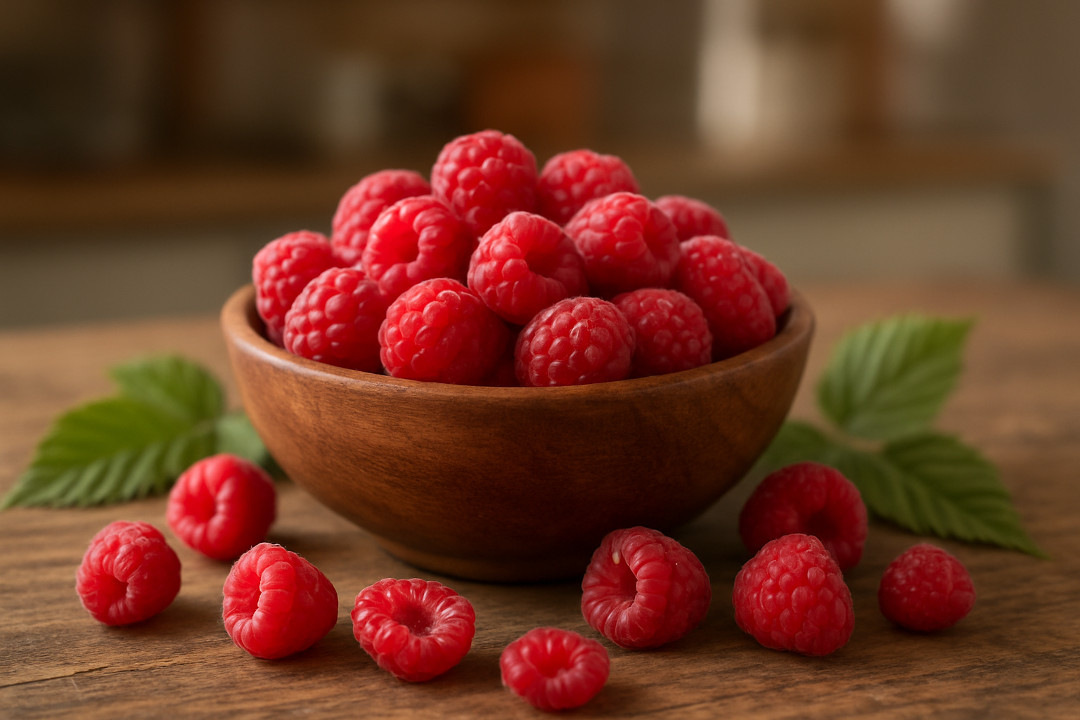 Create a realistic image of a beautiful wooden bowl filled with fresh, vibrant red raspberries in various stages of ripeness, placed on a rustic wooden table with scattered individual raspberries around the bowl, some raspberry leaves with their distinctive serrated edges visible in the composition, soft natural lighting creating gentle shadows, a few raspberries cut in half showing their hollow interior structure, all set against a clean, blurred kitchen background with warm tones, capturing the essence of freshness and natural beauty. Absolutely NO text should be in the scene.