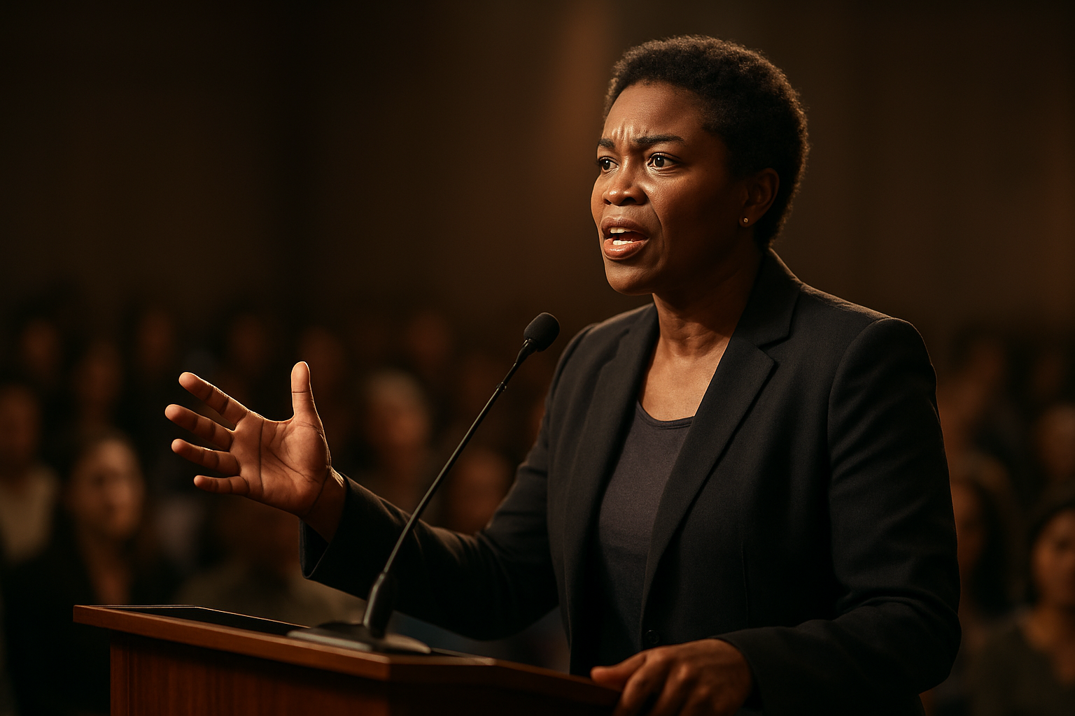 Create a realistic image of a confident middle-aged black woman standing at a podium speaking passionately to an engaged audience, her hand gesturing expressively while her face shows determination and strength, with warm stage lighting highlighting her figure against a softly blurred background of attentive listeners, capturing the powerful moment of a woman using her voice to influence and inspire others. Absolutely NO text should be in the scene.