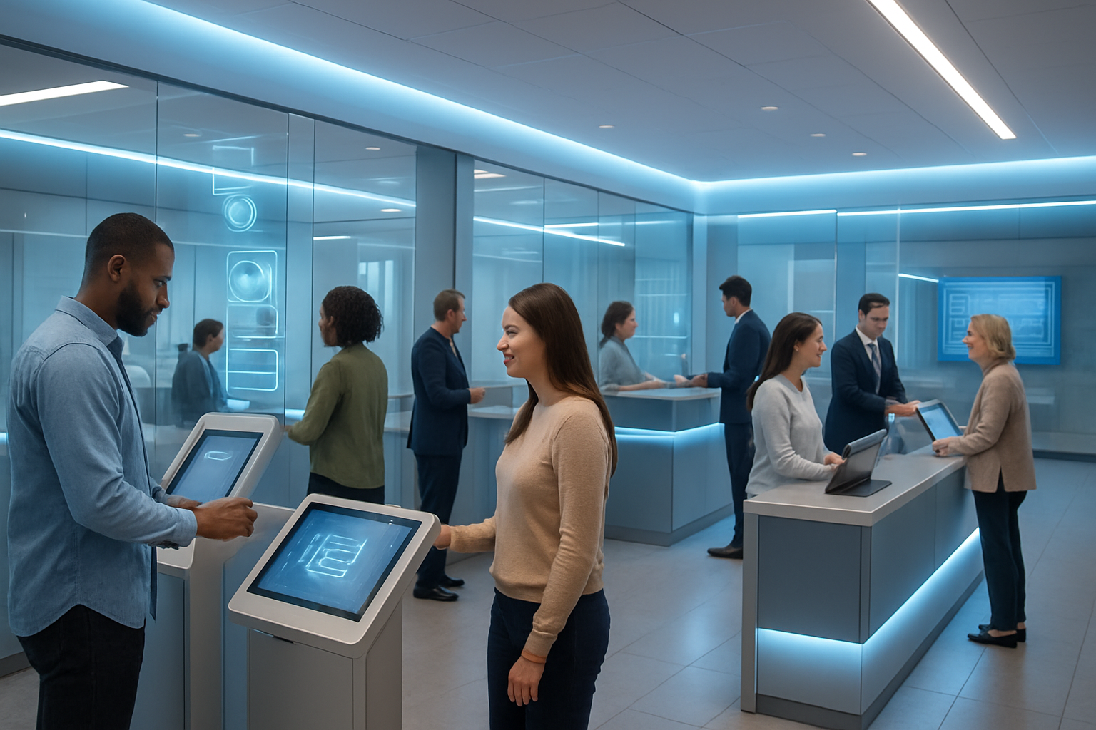 Create a realistic image of a modern government service center with diverse citizens including white, black, and Hispanic individuals of various genders interacting with AI-powered digital kiosks and touchscreen displays, while government employees assist them with automated services, featuring sleek contemporary interior design with glass surfaces, clean lines, holographic interface elements floating above devices, soft blue and white LED lighting creating a welcoming atmosphere, people engaged in seamless digital transactions and consultations, with futuristic yet approachable technology seamlessly integrated into the public service environment, absolutely NO text should be in the scene.