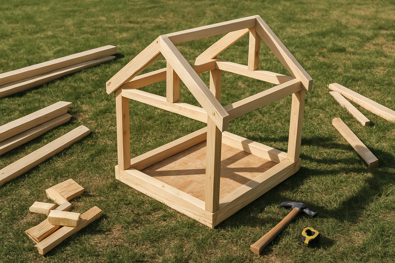 Create a realistic image of a partially constructed wooden dog house frame showing the foundation and basic structure in progress, with wooden planks, 2x4 lumber pieces, and construction materials scattered around on grass, hammer and measuring tape visible nearby, bright daylight with clear shadows, construction site atmosphere showing the early building stages of a weatherproof dog house project, absolutely NO text should be in the scene.