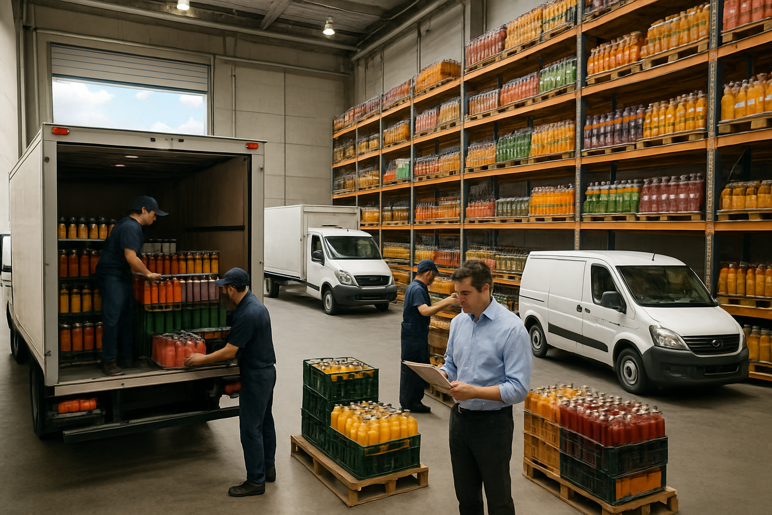 Create a realistic image of a bustling fruit juice distribution center with delivery trucks being loaded with colorful juice bottles and crates, warehouse workers organizing inventory on shelves filled with various fruit juice products, a logistics coordinator checking shipment documents, and multiple distribution channels represented by different types of vehicles including delivery vans and refrigerated trucks, all set in a modern warehouse facility with good lighting and organized storage systems, showing the flow of products from storage to various sales channels, absolutely NO text should be in the scene.
