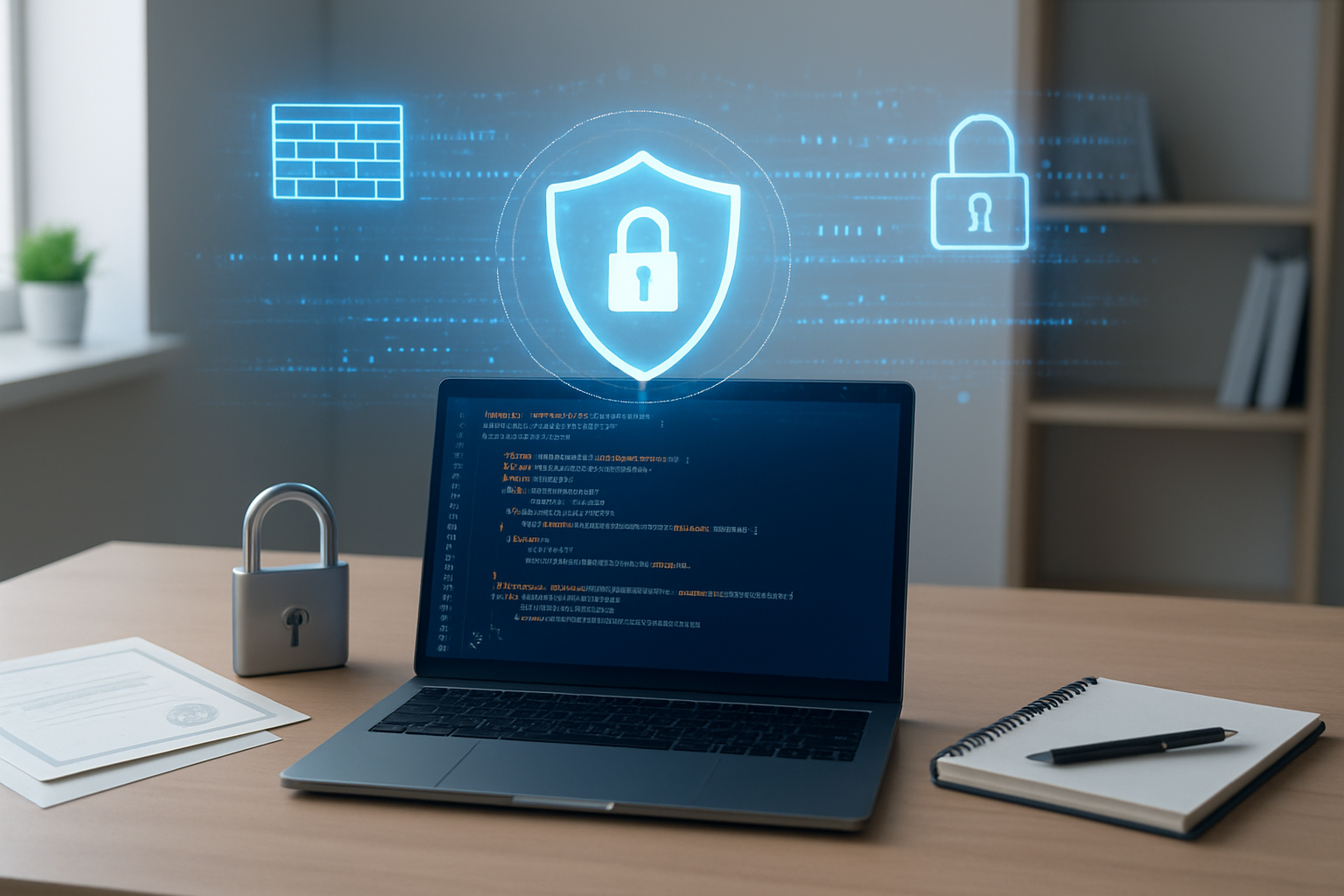 Create a realistic image of a modern computer workstation with a secure laptop displaying Java code on the screen, surrounded by cybersecurity elements like a digital shield icon, padlock symbols, and security certificates on the desk, with a clean office environment featuring soft natural lighting from a window, and futuristic holographic security elements floating above the workspace including firewall representations and encrypted data streams, absolutely NO text should be in the scene.