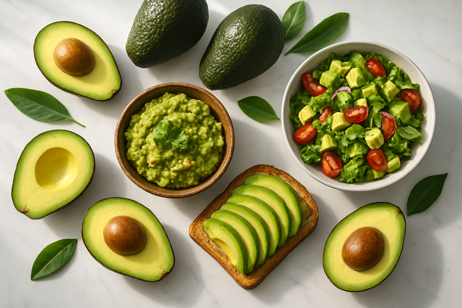 Create a realistic image of a beautifully arranged overhead shot featuring whole and halved avocados with exposed golden-green flesh and brown pits, surrounded by various avocado-based dishes including guacamole in a rustic bowl, sliced avocado on toast, and avocado salad, all artfully displayed on a clean white marble countertop with natural daylight streaming from the side creating soft shadows, scattered avocado leaves as decorative elements, and a warm, inviting kitchen atmosphere that conveys completion and satisfaction. Absolutely NO text should be in the scene.