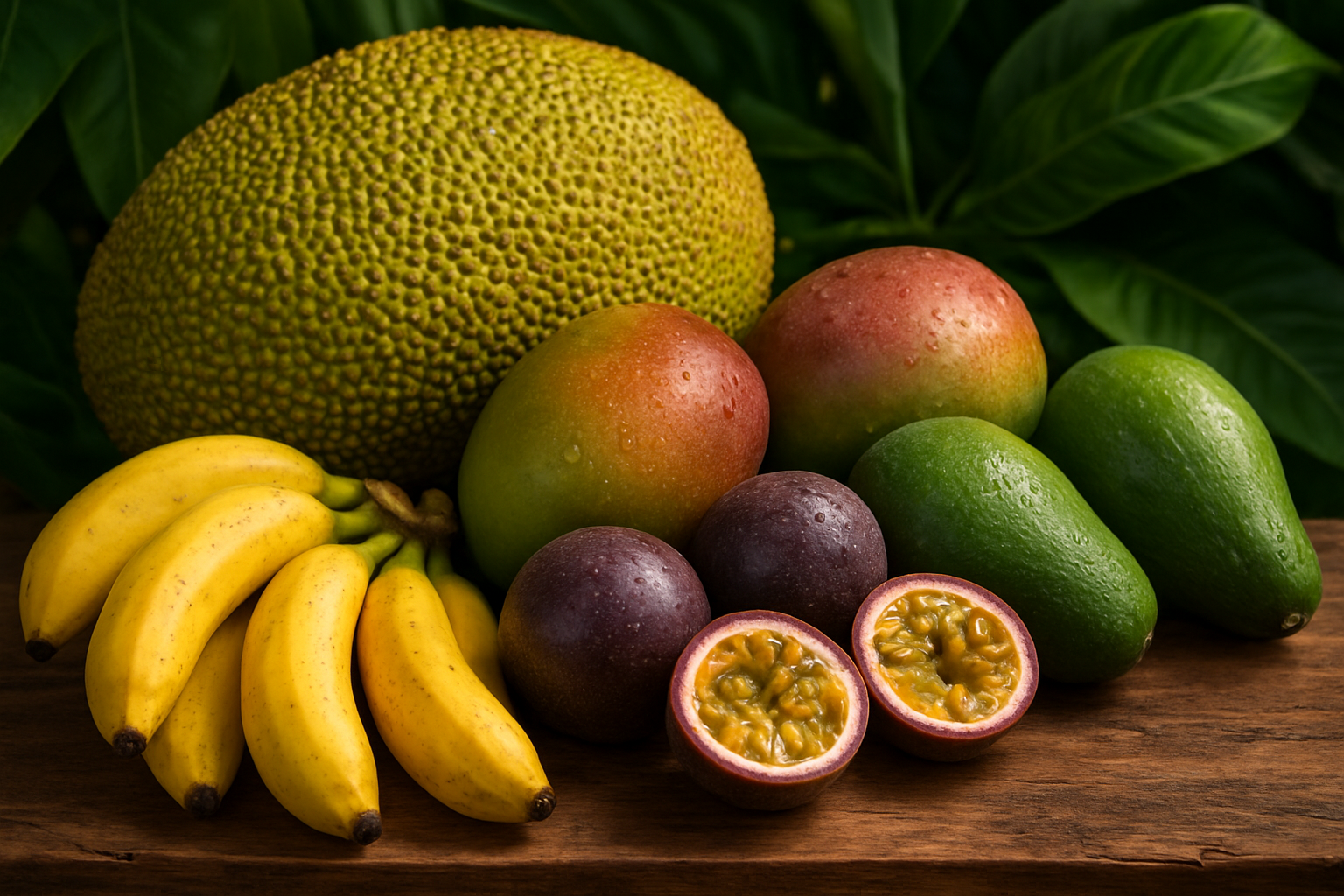 Create a realistic image of a vibrant collection of indigenous Ugandan fruits including jackfruit, passion fruits, mangoes, avocados, and bananas arranged on a rustic wooden surface with rich green tropical foliage in the background, showcasing their natural textures and colors in warm natural lighting that emphasizes their fresh, nutrient-rich qualities, with dewdrops on some fruits suggesting freshness and vitality. Absolutely NO text should be in the scene.