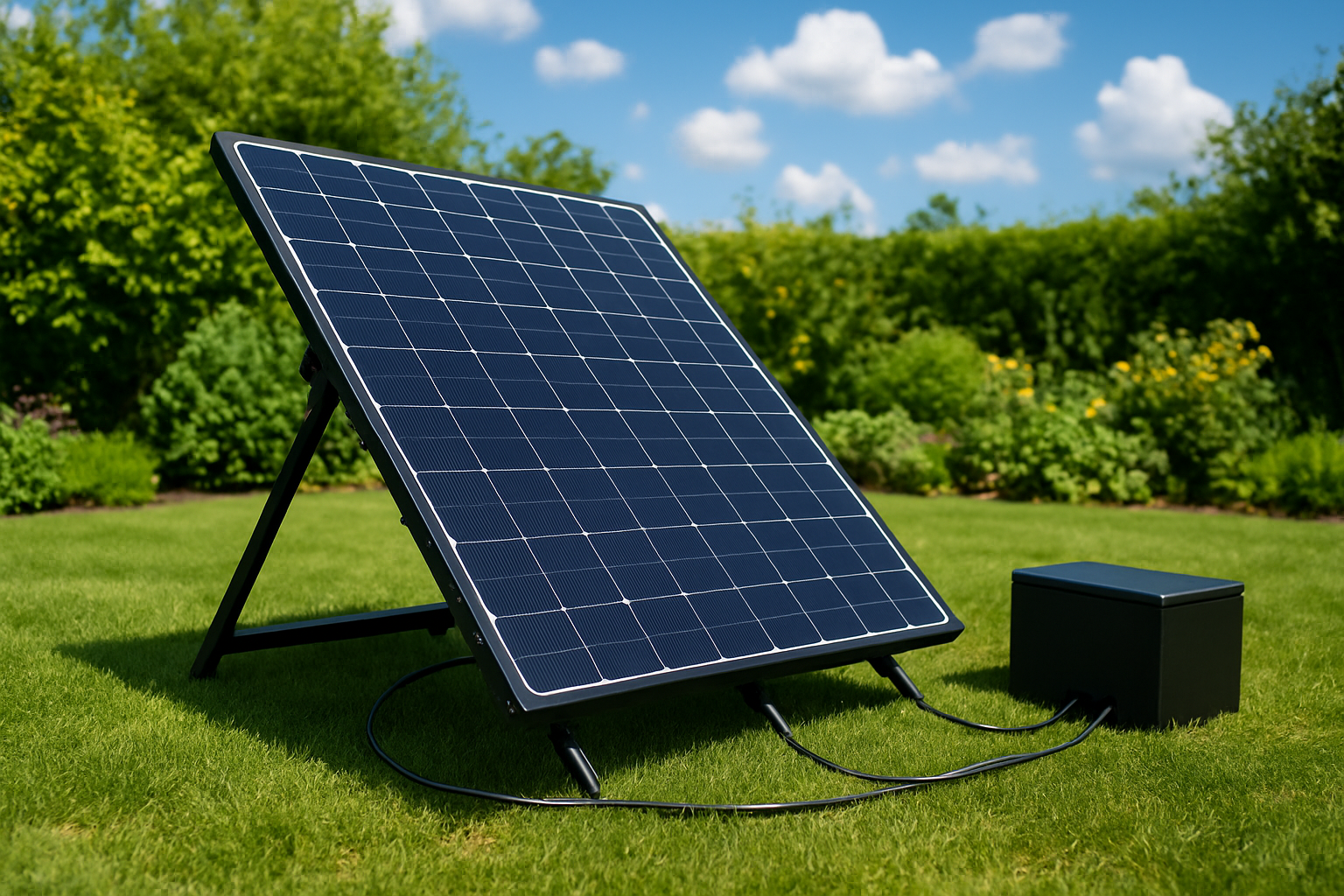 Create a realistic image of a solar panel system being set up outdoors in a sunny garden setting, showing a black rectangular solar panel positioned at an optimal angle on a mounting stand or bracket, with visible power cables and connection components, a small control unit or battery pack nearby, bright natural sunlight casting clear shadows, lush green grass and garden plants in the background, clear blue sky with some white clouds, demonstrating a clean and organized installation process for renewable energy equipment, absolutely NO text should be in the scene.