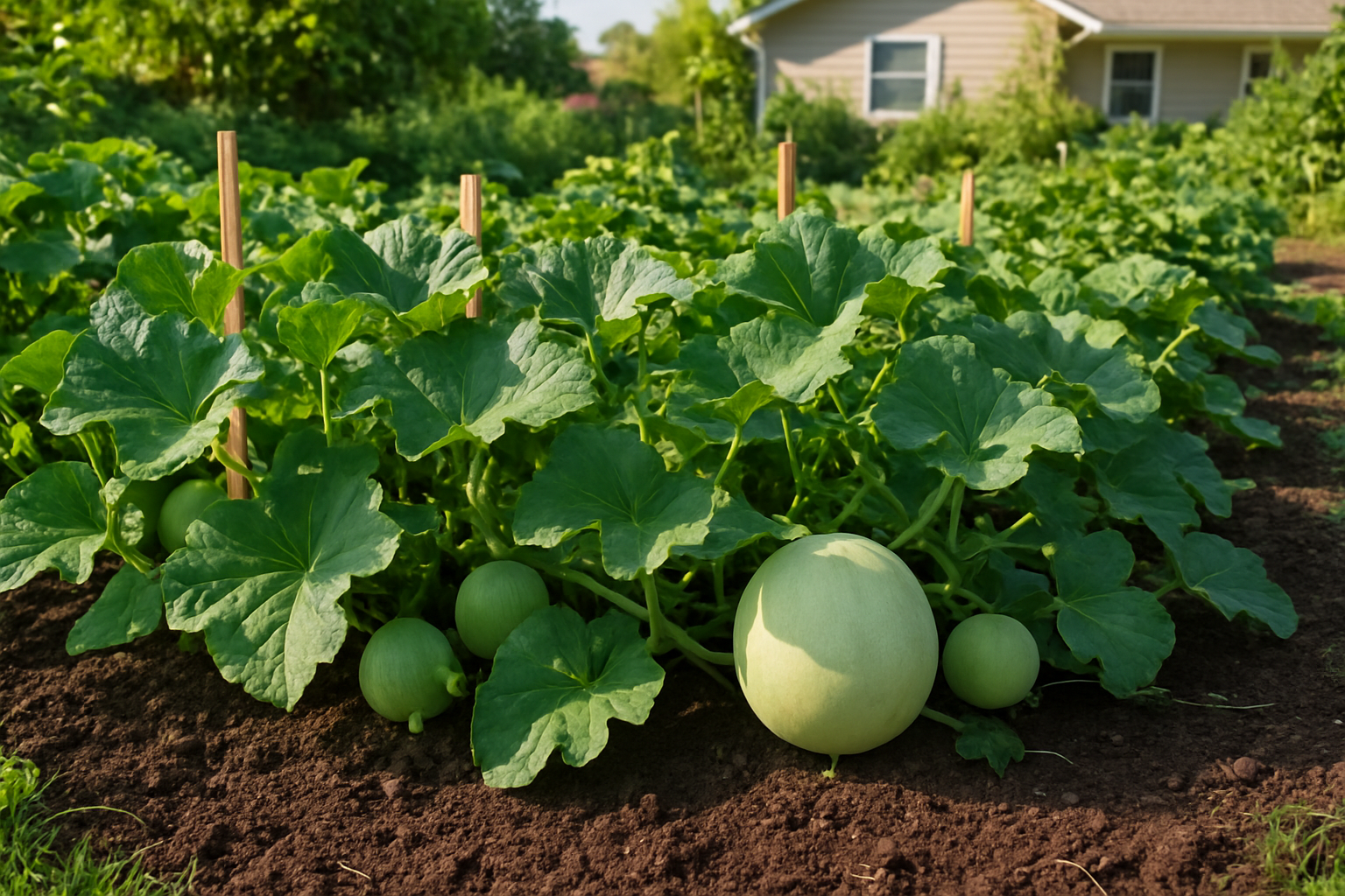 Create a realistic image of a thriving home garden with healthy honeydew melon plants growing on the ground, featuring large green leaves and developing honeydew melons in various stages of growth from small green fruits to nearly mature pale green melons, set in a well-maintained backyard garden with rich dark soil, wooden garden stakes for support, other vegetable plants visible in the background, bright natural sunlight creating gentle shadows, and a suburban home partially visible in the distance, absolutely NO text should be in the scene.
