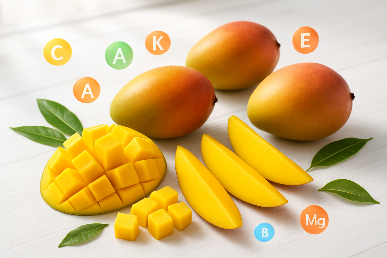 Create a realistic image of fresh ripe mangoes cut into various forms including whole mangoes, sliced pieces, and cubes arranged on a clean white wooden table, with colorful vitamin and nutrient symbols floating subtly around the mangoes representing health benefits, bright natural lighting from a window creating soft shadows, vibrant orange and yellow colors of the mango flesh prominently displayed, some mango leaves scattered decoratively, clean minimalist background with soft focus, emphasizing the nutritious and appetizing qualities of the fruit, absolutely NO text should be in the scene.