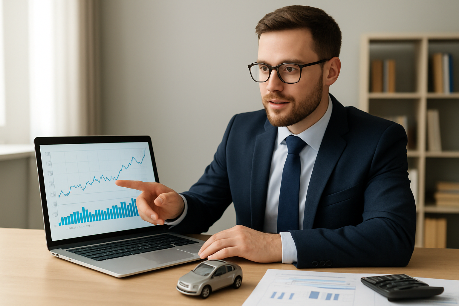 Create a realistic image of a professional white male financial advisor in his 30s sitting at a modern office desk, pointing to financial charts and graphs displayed on a laptop screen showing car loan interest rate trends, with a miniature car model, calculator, and financial documents spread on the desk, soft natural lighting from a window, clean modern office background with bookshelves, conveying a helpful and informative atmosphere about car financing decisions, absolutely NO text should be in the scene.