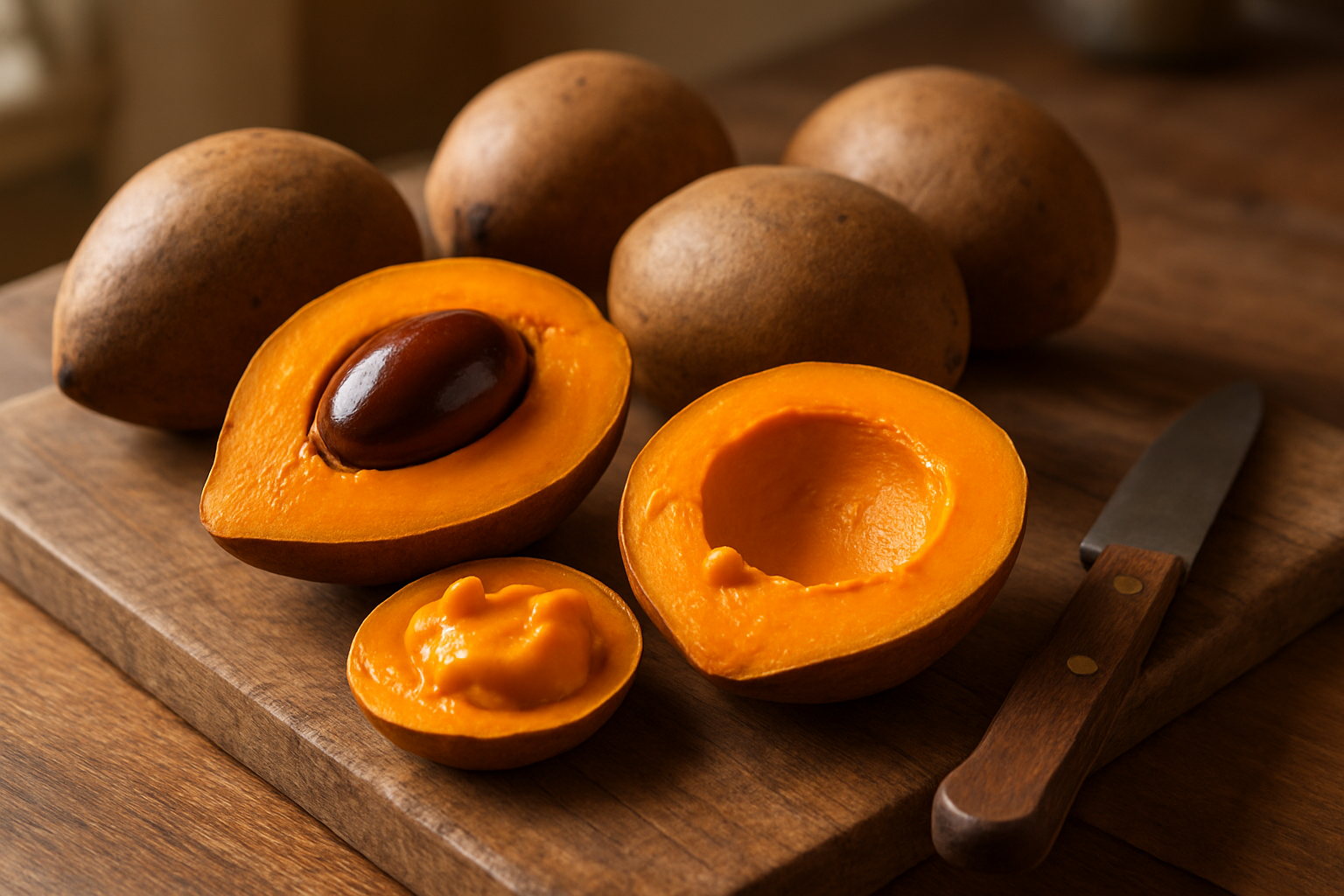 Create a realistic image of fresh lucuma fruits cut in half displaying their vibrant orange flesh and brown seed, alongside whole lucuma fruits with their natural brown skin, arranged on a rustic wooden cutting board with a knife nearby, natural daylight streaming in to highlight the fruit's unique texture and creamy appearance, with some lucuma flesh scooped out showing its smooth, custard-like consistency, warm and inviting kitchen atmosphere in the background, absolutely NO text should be in the scene.