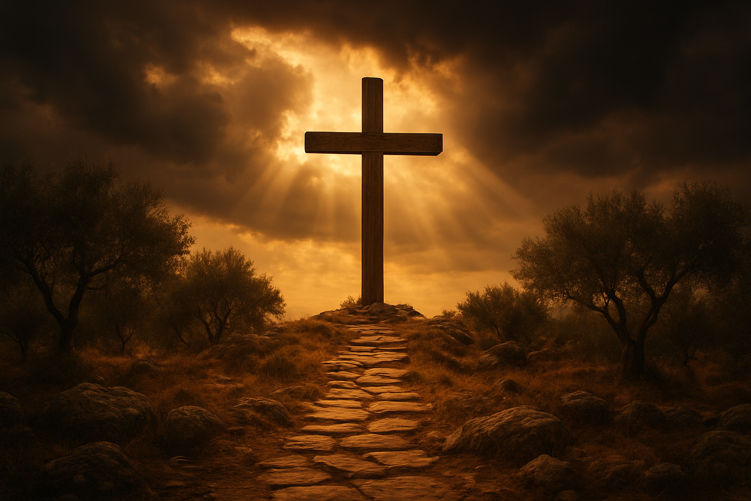 Create a realistic image of an ancient wooden cross standing prominently on a hill against a dramatic sky with dark clouds and rays of sunlight breaking through, symbolizing sacrifice and hope, with a stone path leading up to the cross, surrounded by olive trees and rocky terrain typical of biblical landscapes, rendered in warm golden and amber lighting that creates a solemn yet hopeful atmosphere, absolutely NO text should be in the scene.