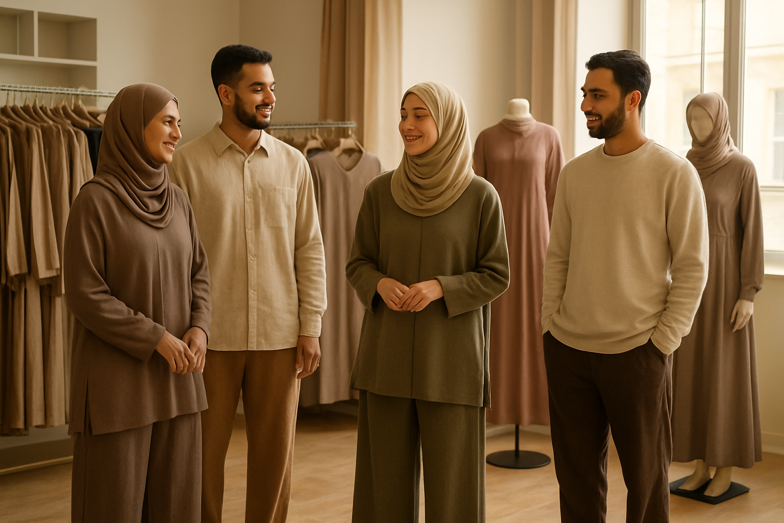 Create a realistic image of Middle Eastern women and men wearing modest, comfortable clothing including long-sleeved loose-fitting garments, flowing pants, and head coverings, standing in a modern clothing store with racks of modest fashion choices, soft natural lighting filtering through windows, warm and welcoming atmosphere with earth-tone colors, showcasing various modest clothing options on display mannequins, clean contemporary retail environment. Absolutely NO text should be in the scene.