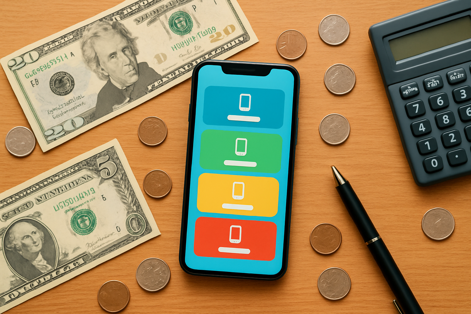 Create a realistic image of a smartphone displaying colorful mobile plan pricing options on its screen, surrounded by dollar bills and coins scattered on a wooden desk surface, with a calculator and pen nearby, shot from above in bright natural lighting with a clean, organized workspace aesthetic, absolutely NO text should be in the scene.