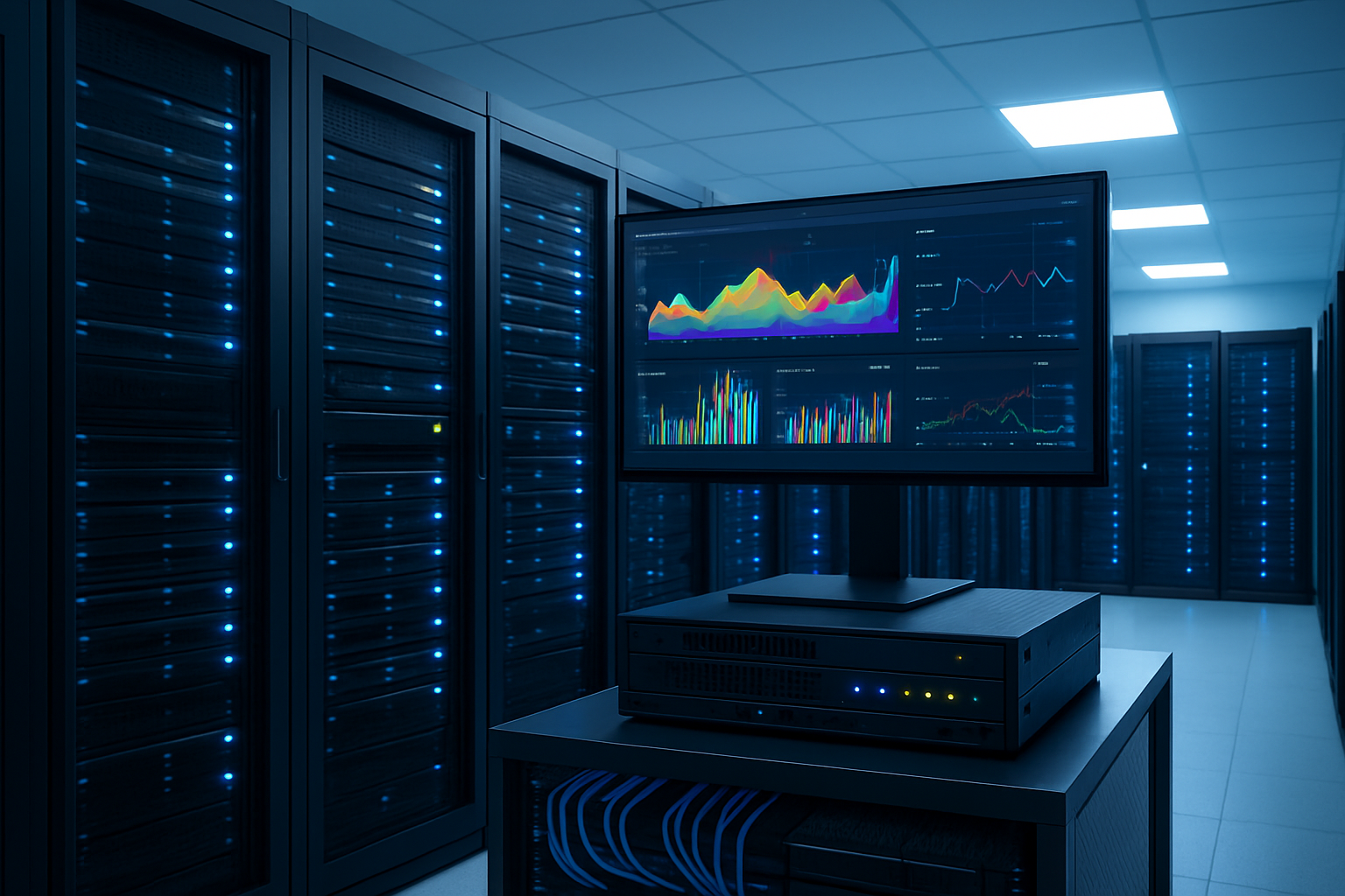 Create a realistic image of a modern server room with multiple black server racks containing blue LED lights, featuring a large wall-mounted monitor displaying colorful network traffic analytics dashboards with flowing data visualization charts, several ethernet cables neatly organized, and a sophisticated filtering device or firewall appliance in the foreground with indicator lights, all set in a clean professional data center environment with bright white lighting and a blue-tinted atmosphere suggesting advanced technology and efficient resource management, absolutely NO text should be in the scene.