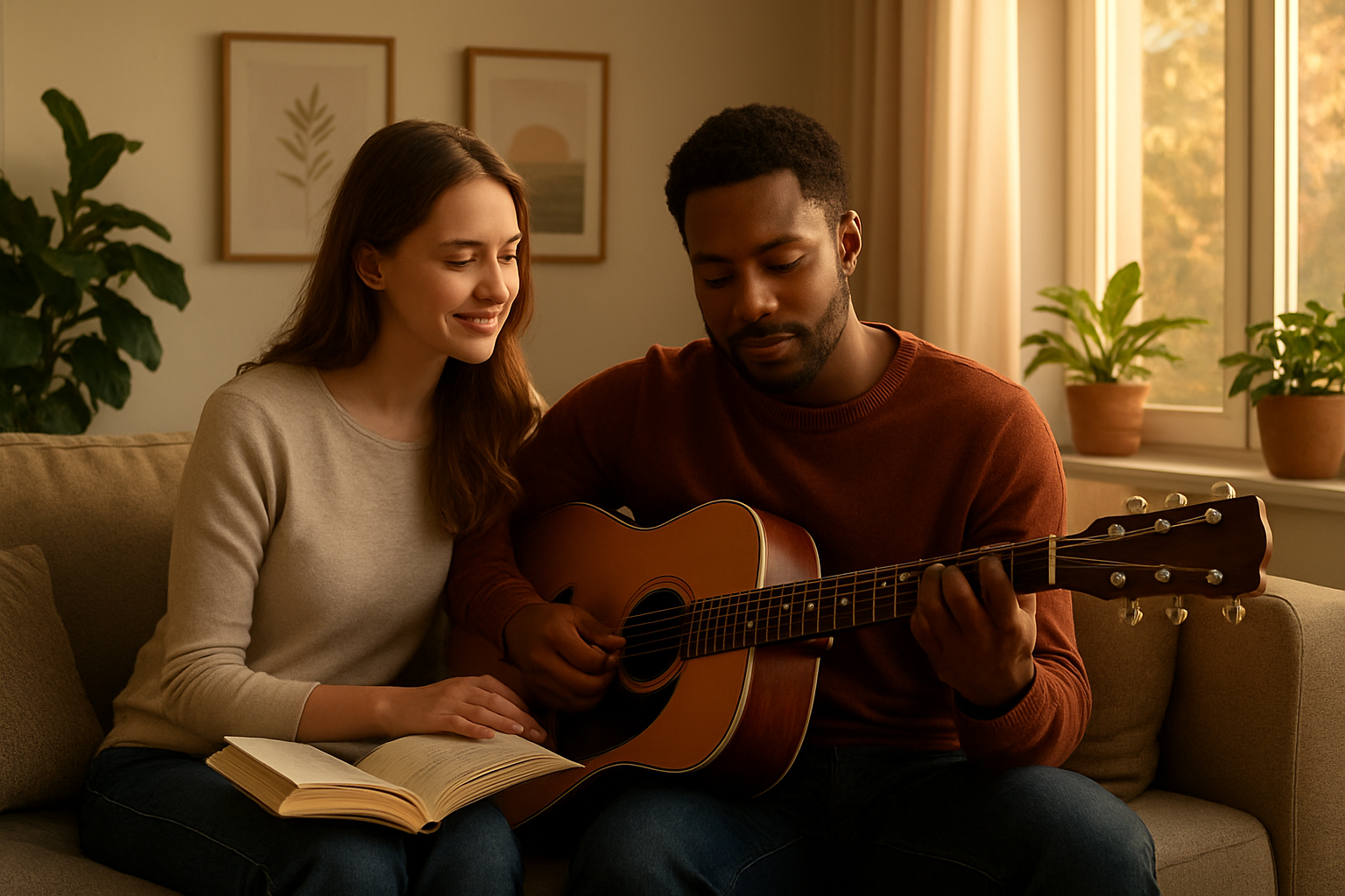 Create a realistic image of a diverse couple - a white woman and a black man - sitting together on a comfortable couch in a warm, softly-lit living room, both reading personal development books, with the woman gently encouraging the man as he practices playing acoustic guitar, surrounded by plants, inspirational artwork on the walls, and golden hour sunlight streaming through large windows, creating a peaceful atmosphere of mutual support and growth, absolutely NO text should be in the scene.