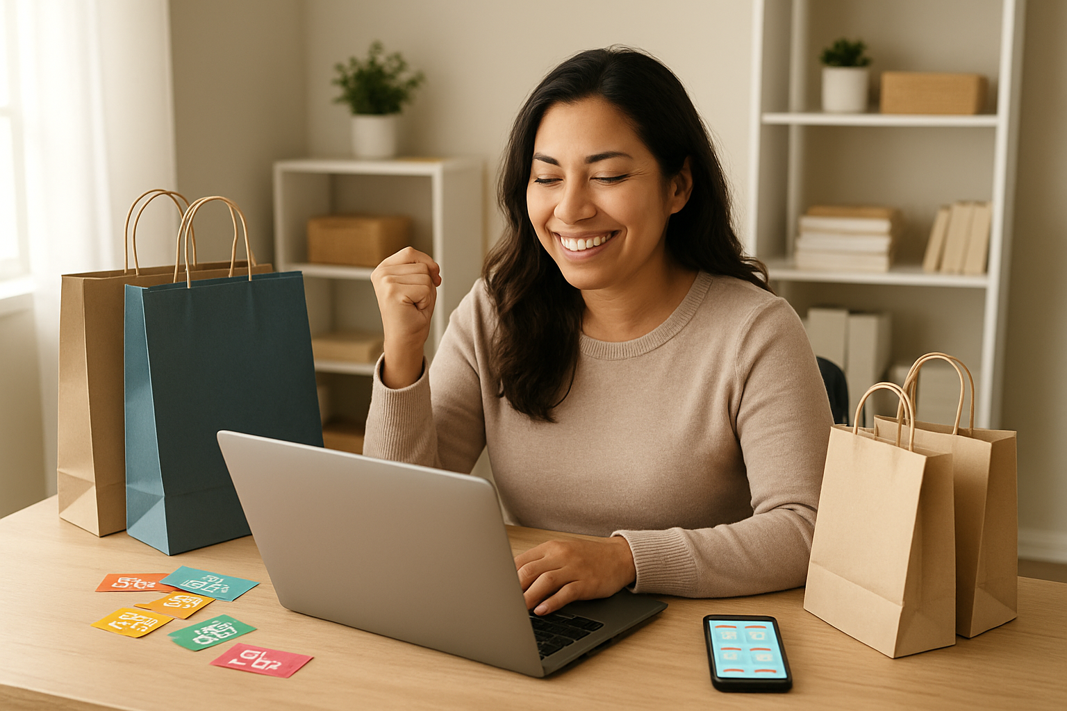Create a realistic image of a satisfied Hispanic female shopper sitting at a modern desk with a laptop open, surrounded by shopping bags, discount coupons, and a smartphone displaying price comparison apps, with a warm and accomplished expression on her face, natural daylight streaming through a window creating soft shadows, a clean organized home office background with shelves containing neatly arranged items, the overall mood conveying success and smart shopping achievement, absolutely NO text should be in the scene.