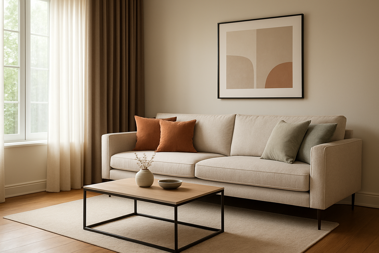 Create a realistic image of a beautifully coordinated modern living room showcasing harmonious interior design with a sleek contemporary sofa in neutral tones paired with elegant flowing curtains in complementary colors, featuring a well-balanced color palette with matching throw pillows and decorative elements, natural lighting streaming through large windows, polished hardwood floors, minimalist coffee table, and tasteful wall art, demonstrating professional interior design principles for creating cohesive furniture and window treatment combinations, absolutely NO text should be in the scene.