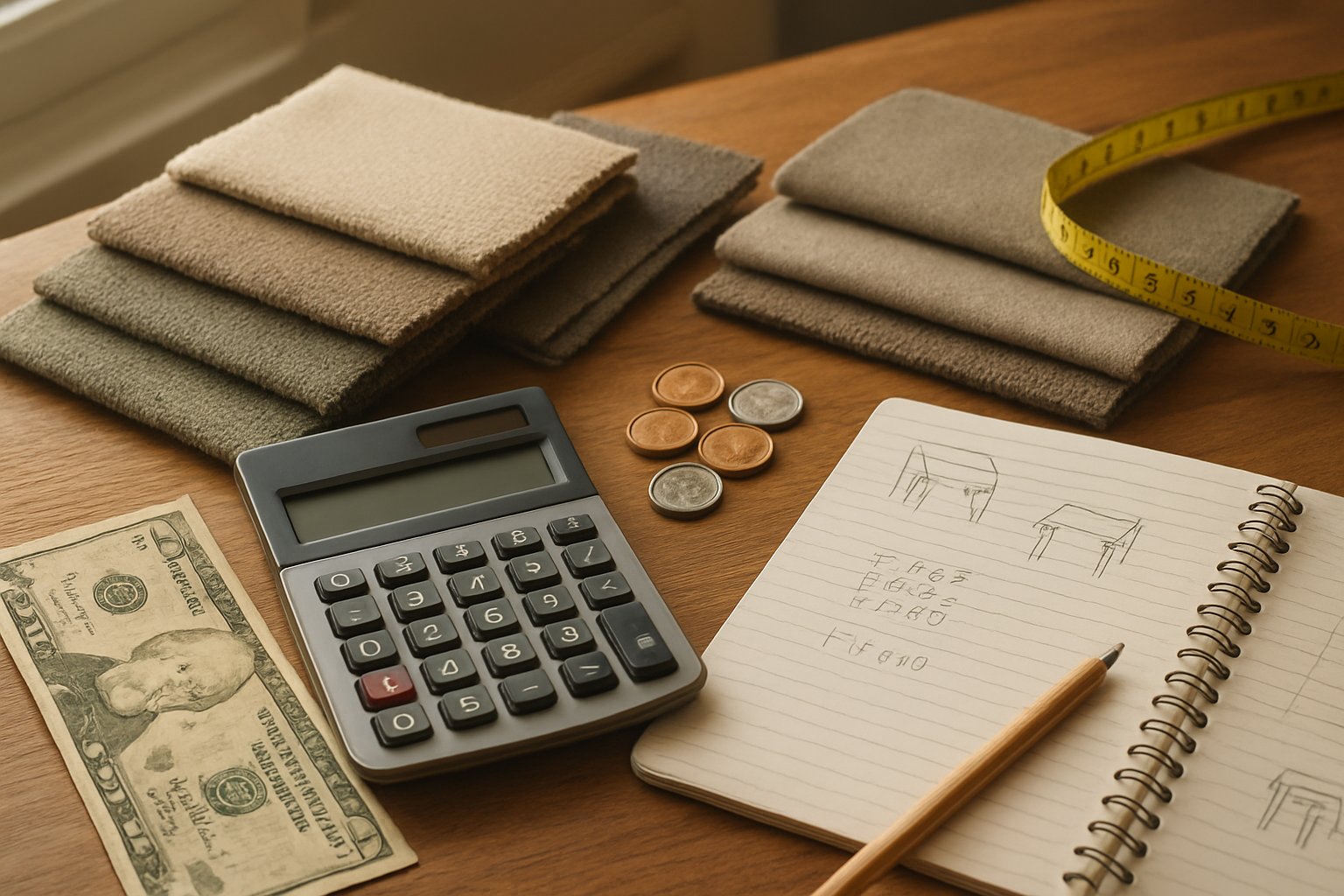 Create a realistic image of a calculator, coins, and paper money arranged on a wooden table next to fabric swatches and upholstery samples, with a notebook showing budget calculations, measuring tape, and small furniture sketches scattered around, soft natural lighting from a window, warm and organized atmosphere suggesting careful financial planning for furniture customization, absolutely NO text should be in the scene.