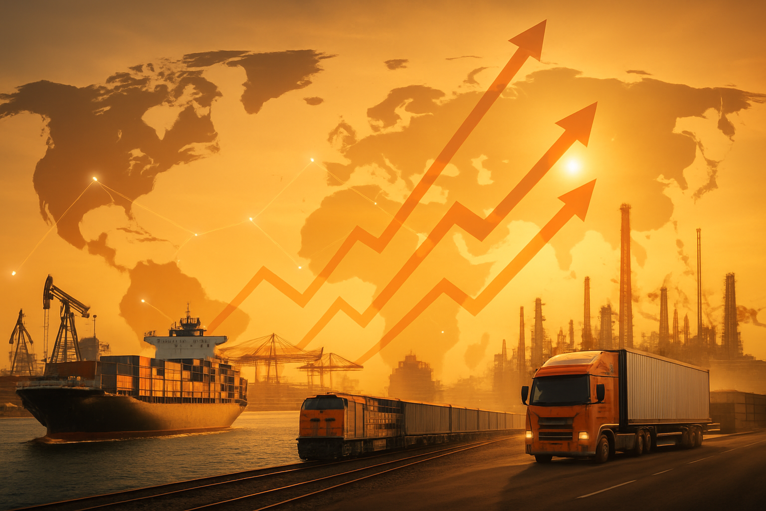 Create a realistic image of a global logistics network visualization showing interconnected transportation routes with cargo ships, trucks, and freight trains moving across a world map, with oil derricks and refineries in the background, rising graph arrows indicating price volatility overlaying the scene, warm golden lighting suggesting energy and movement, industrial ports with stacked shipping containers, and a dynamic composition showing the flow of goods and energy across continents, absolutely NO text should be in the scene.