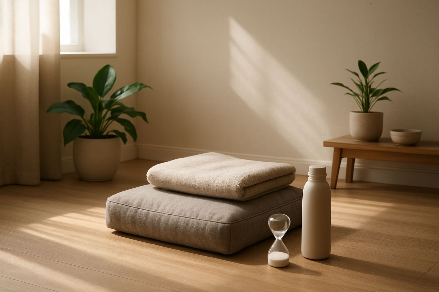Create a realistic image of a serene meditation space being prepared with essential items including a folded meditation cushion, a soft blanket, a small timer, and a water bottle arranged on a clean wooden floor, with natural sunlight streaming through a nearby window creating gentle shadows, surrounded by a few potted plants and minimalist decor in a quiet corner of a room with neutral colors and peaceful ambiance, absolutely NO text should be in the scene.