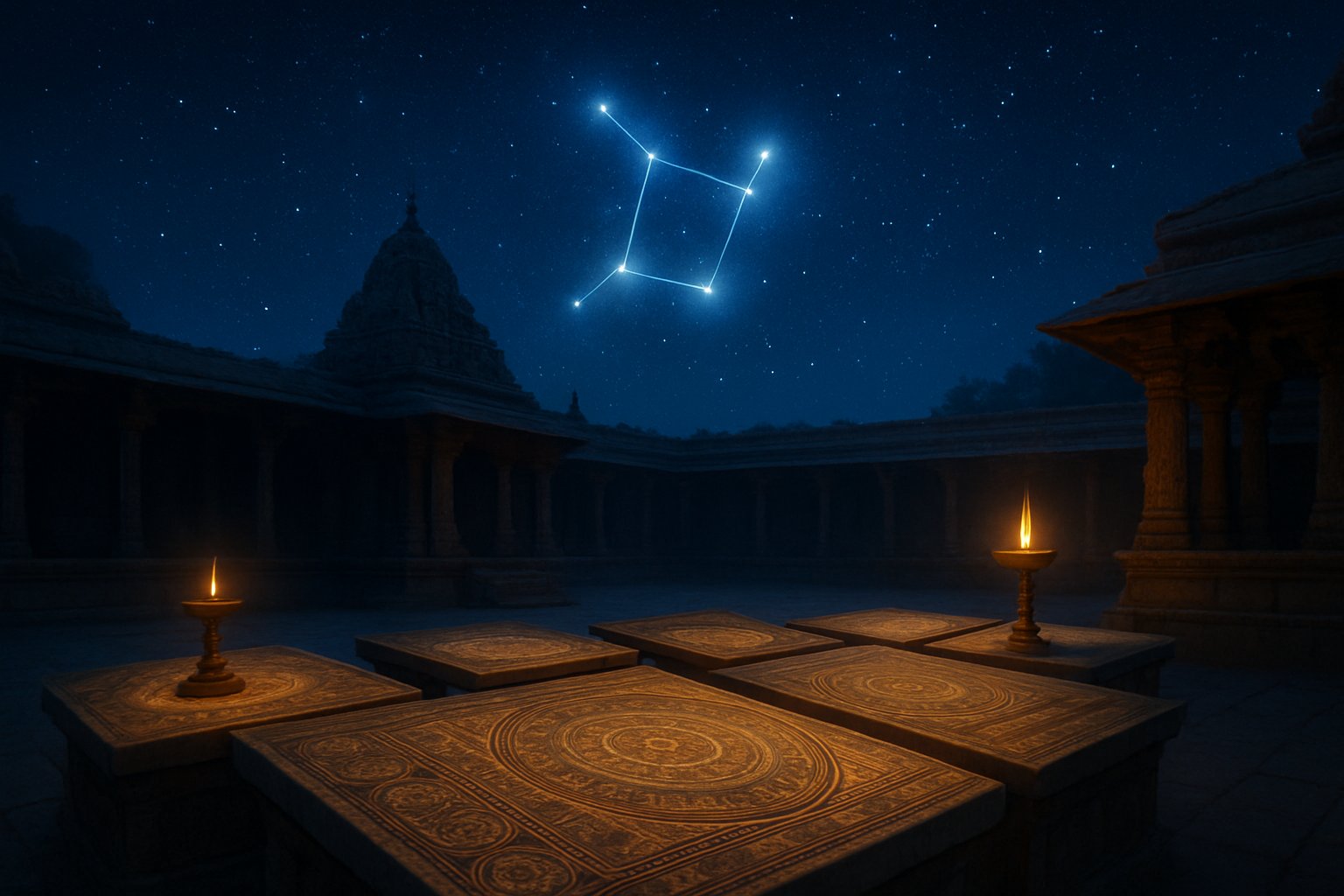 Create a realistic image of an ancient astronomical scene showing the Ashwini nakshatra constellation prominently displayed in a starry night sky above a traditional Indian temple courtyard, with ornate Sanskrit astronomical charts and celestial calendars spread on stone tables, golden oil lamps illuminating the sacred space, and mystical cosmic energy represented by subtle glowing auras around the constellation patterns, set against a deep indigo night sky filled with twinkling stars, creating a spiritual and auspicious atmosphere for muhurta timing, absolutely NO text should be in the scene.