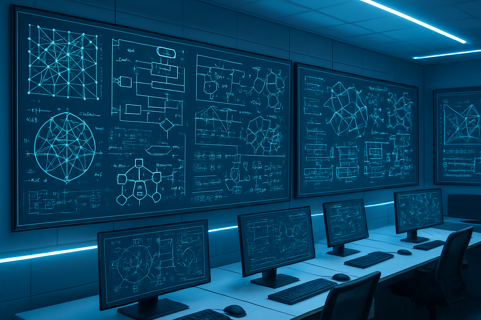 Create a realistic image of multiple complex mathematical algorithm diagrams and flowcharts displayed on large digital monitors in a modern cybersecurity research laboratory, featuring intricate geometric patterns, cryptographic symbols, and algorithmic structures representing lattice-based, hash-based, and code-based encryption methods, with quantum-resistant security concepts visualized through interconnected nodes and mathematical formulas, set against a clean high-tech environment with blue and white LED lighting, sleek computer workstations, and futuristic digital displays showing algorithmic processes, absolutely NO text should be in the scene.