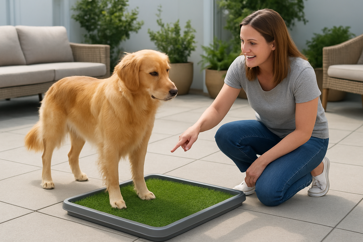 Create a realistic image of a medium-sized golden retriever dog standing on a modern outdoor patio with a white woman in her 30s kneeling beside a rectangular artificial grass potty pad system, the woman wearing casual clothes and pointing toward the green synthetic turf pad while the dog looks attentively at the potty area, bright natural daylight illuminating the clean patio setting with potted plants and patio furniture visible in the background, the scene capturing a positive training moment with the woman's encouraging gesture and the dog's focused attention on learning to use the designated potty spot, absolutely NO text should be in the scene.