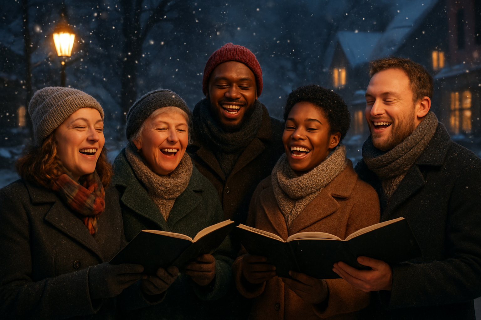 Create a realistic image of a diverse group of people caroling outdoors on a snowy winter evening, including white and black males and females of various ages, all with joyful expressions and warm smiles showing genuine happiness and emotional connection, wearing winter coats and scarves, holding songbooks, standing together in a close circle under the warm glow of street lamps, with soft snowfall creating a peaceful atmosphere, cozy houses with glowing windows in the background, capturing the mood of community bonding and psychological well-being through shared musical tradition, absolutely NO text should be in the scene.