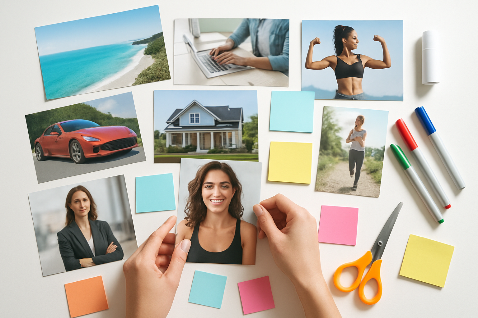 Create a realistic image of a collection of diverse visual elements spread across a clean white surface, including glossy magazine cutouts showing dream destinations, luxury cars, beautiful homes, fitness goals, career symbols, and inspirational lifestyle images, alongside printed photographs, colorful sticky notes, and art supplies like scissors, glue sticks, and markers, with hands of a white female person carefully selecting and arranging these materials, captured in bright natural lighting from above, creating an organized yet creative workspace atmosphere, absolutely NO text should be in the scene.