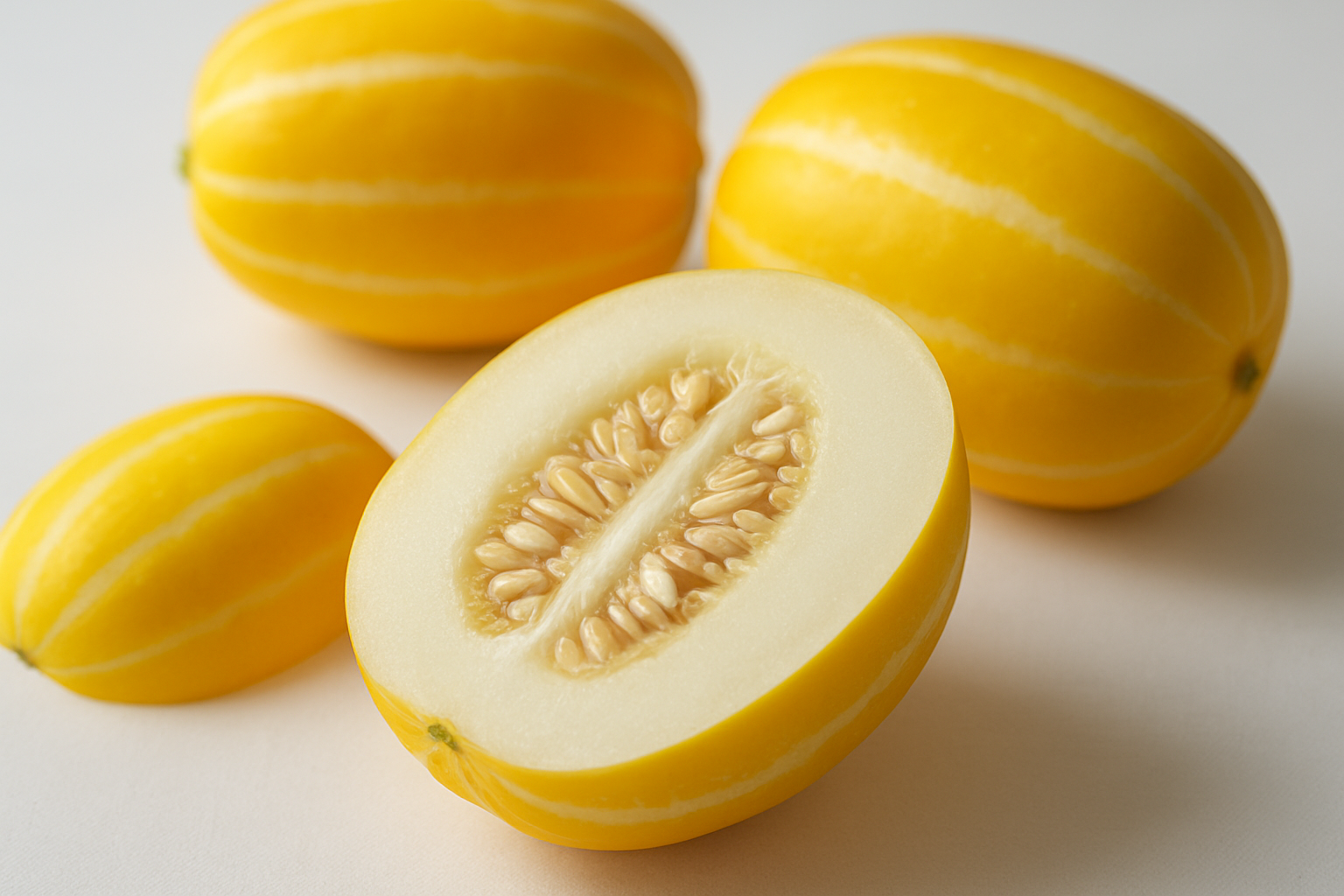 Create a realistic image of a cross-section of Korean melon alongside whole Korean melons displaying their distinctive yellow skin with white longitudinal stripes, showing the white flesh and central seed cavity, arranged on a clean white surface with soft natural lighting that highlights the melon's unique textural patterns and pale interior, with shallow depth of field focusing on the cut melon's details. Absolutely NO text should be in the scene.
