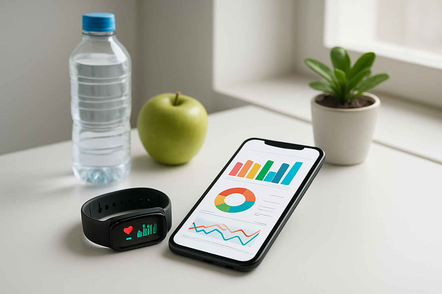 Create a realistic image of a clean, modern workspace featuring a smartphone and fitness tracker on a white desk displaying colorful health data charts and graphs, surrounded by a water bottle, fresh apple, and small potted plant, with soft natural lighting from a nearby window creating a motivating and organized atmosphere for health tracking, absolutely NO text should be in the scene.