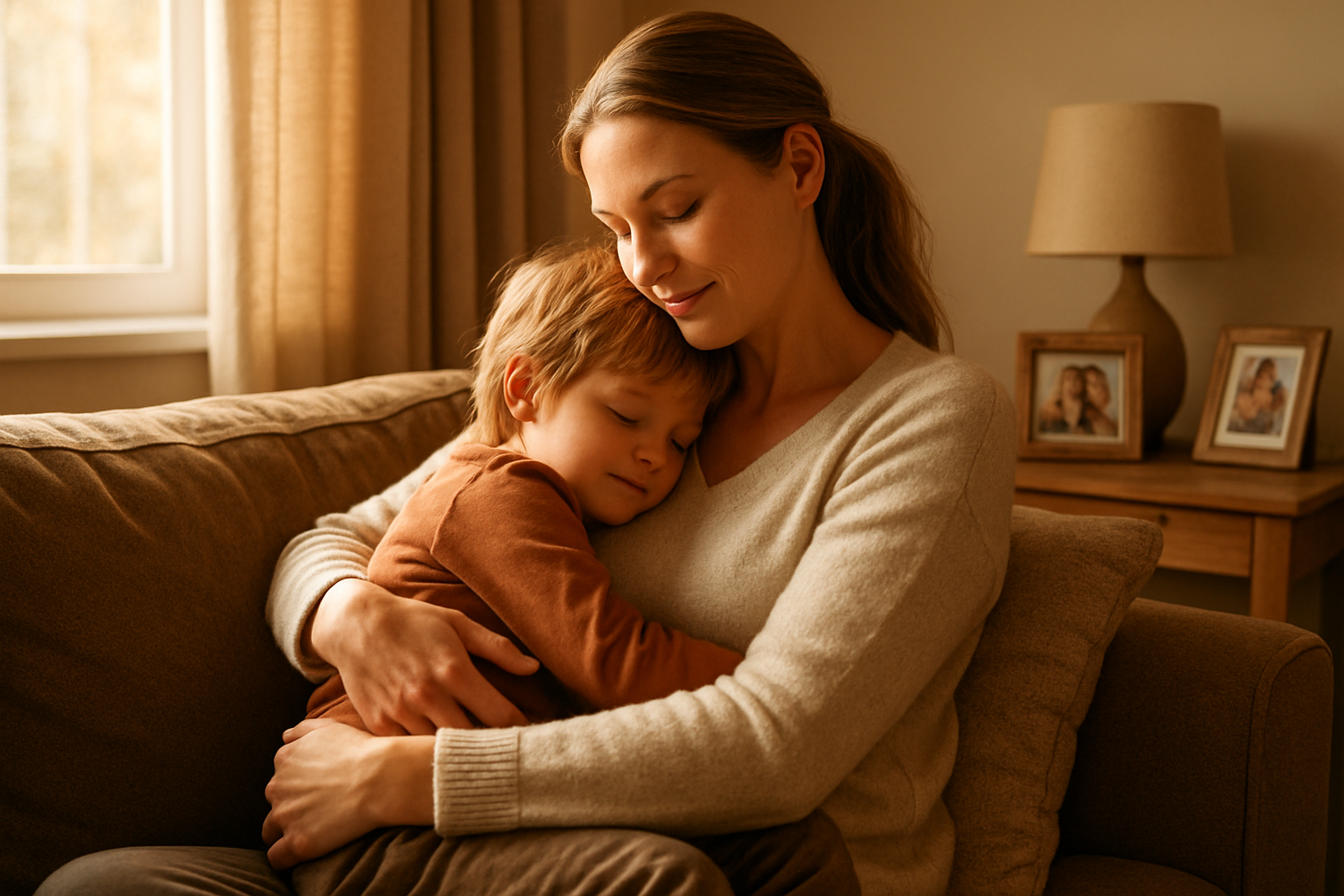 Create a realistic image of a loving white mother sitting on a comfortable couch in a warm, sunlit living room, gently embracing her young child who is nestled against her, both looking content and peaceful, with soft natural lighting streaming through a nearby window, family photos visible on a side table, warm earth tones and cozy home décor creating an atmosphere of love, security, and maternal bond, shot from a slightly angled perspective that captures the intimate moment between mother and child, absolutely NO text should be in the scene.