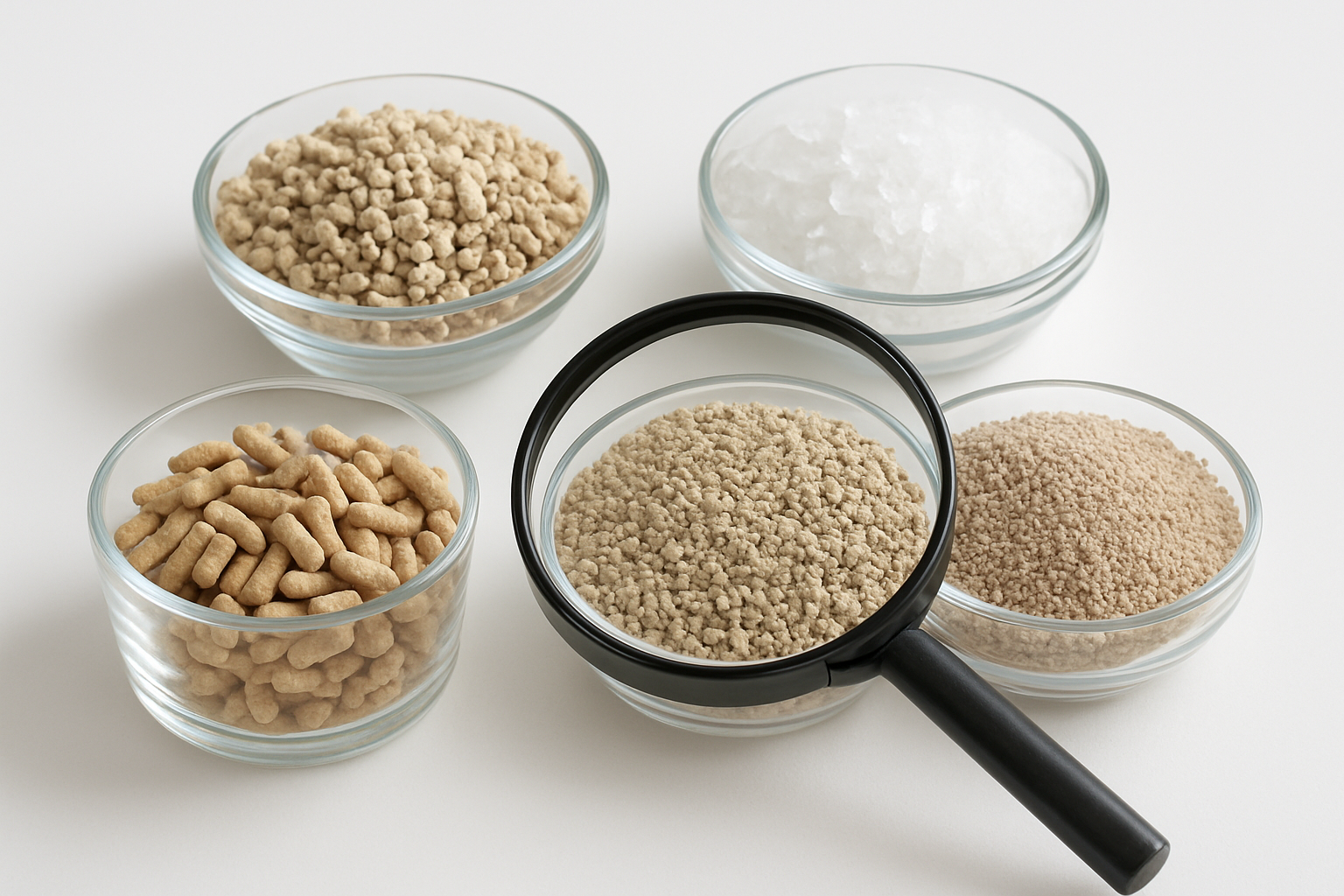Create a realistic image of various types of cat litter granules and pellets arranged in separate small glass bowls or containers on a clean white surface, showing different textures and colors including clay-based, crystal, and natural wood-based litters, with a magnifying glass positioned over one container to emphasize the examination of litter features, soft natural lighting from above, clean and professional product comparison setup, absolutely NO text should be in the scene.