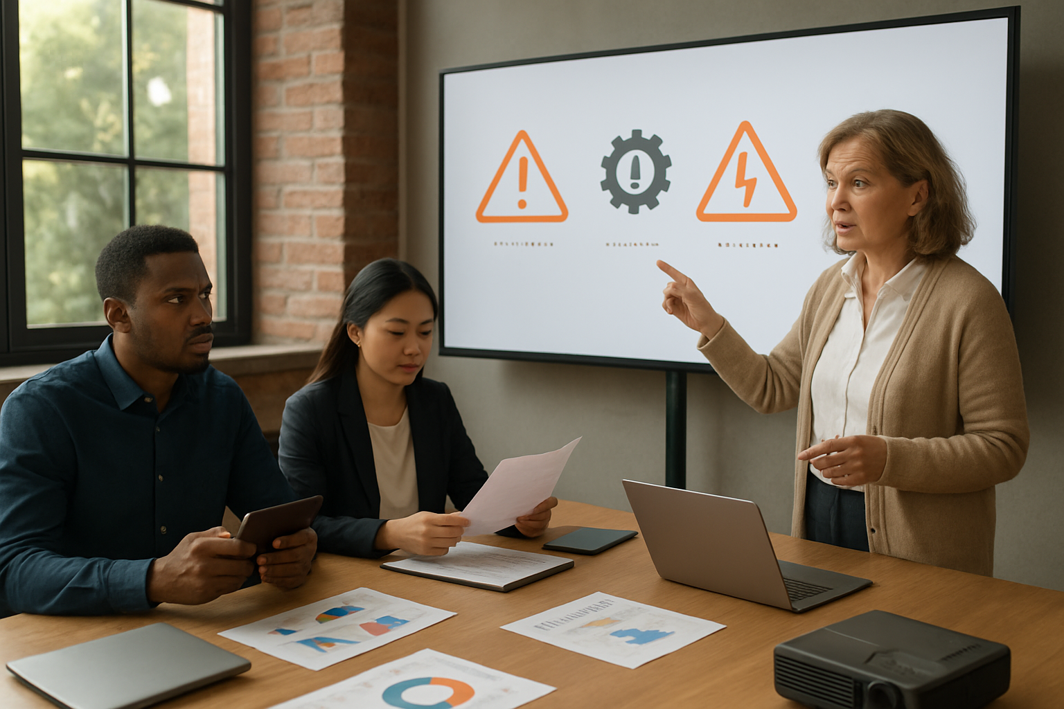 Create a realistic image of a diverse group of education professionals in a modern conference room discussing AI implementation challenges, featuring a middle-aged white female educator pointing at a digital whiteboard displaying warning symbols and caution icons, a black male IT specialist holding a tablet with concerned expression, and an Asian female administrator reviewing documents, with laptops, charts showing implementation roadmaps, and technology equipment scattered on a wooden conference table, warm natural lighting from large windows, professional yet thoughtful atmosphere suggesting problem-solving and strategic planning, Absolutely NO text should be in the scene.