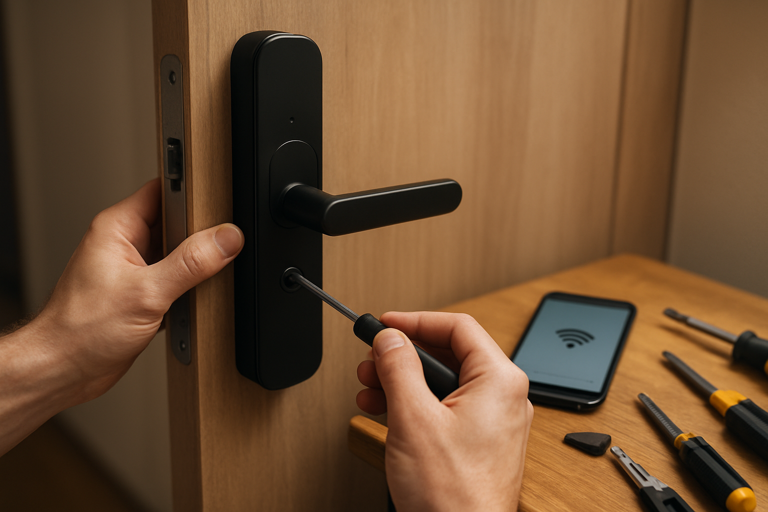 Create a realistic image of a close-up view of a white male technician's hands installing a sleek black WiFi-enabled smart door lock on a modern apartment door, with smartphone showing setup interface nearby, professional installation tools scattered on a wooden table, warm indoor lighting illuminating the installation process, emphasizing security and technology integration for rental properties, absolutely NO text should be in the scene.