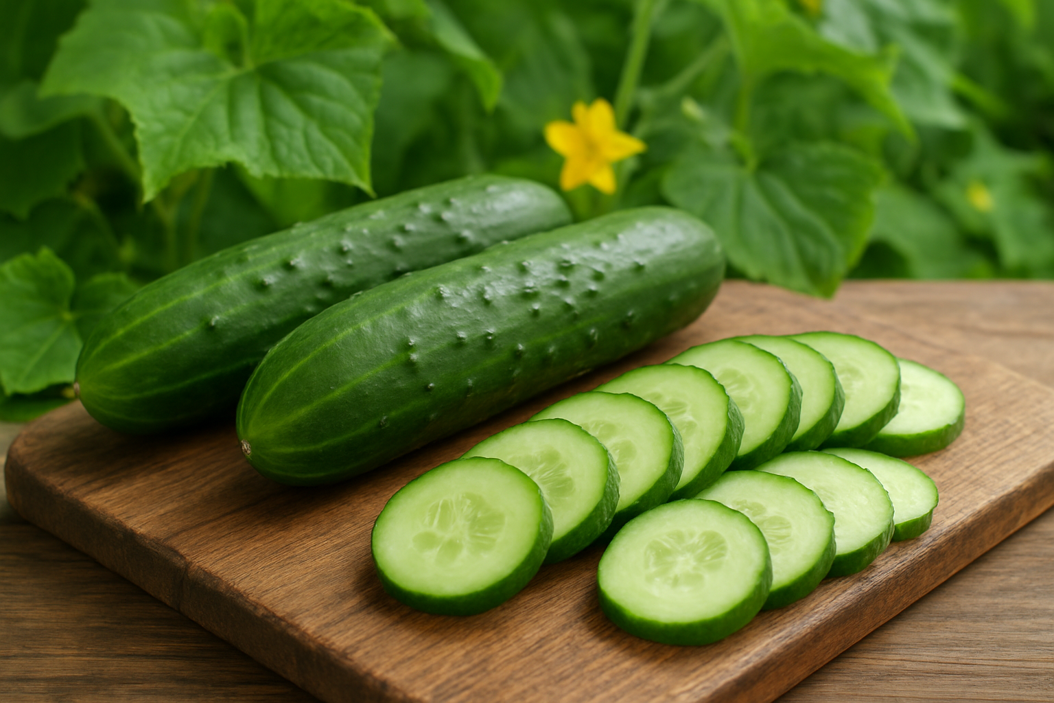 Create a realistic image of fresh whole cucumbers and sliced cucumber rounds arranged on a rustic wooden cutting board, with cucumber plants featuring green leaves and yellow flowers in soft focus background, natural daylight streaming from the side creating gentle shadows, showing both the botanical nature and culinary preparation of cucumbers in a clean, appetizing kitchen garden setting, absolutely NO text should be in the scene.