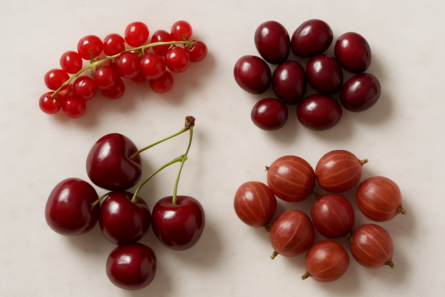 Create a realistic image of a wooden cutting board or white marble surface displaying different types of small red berries arranged in separate groups for comparison, including bright red currants in translucent clusters, darker red cranberries, deep red cherries, and reddish gooseberries, each variety clearly distinct in size, shape, and color intensity, with natural kitchen lighting from above creating soft shadows, clean and organized presentation style, neutral background, Absolutely NO text should be in the scene.