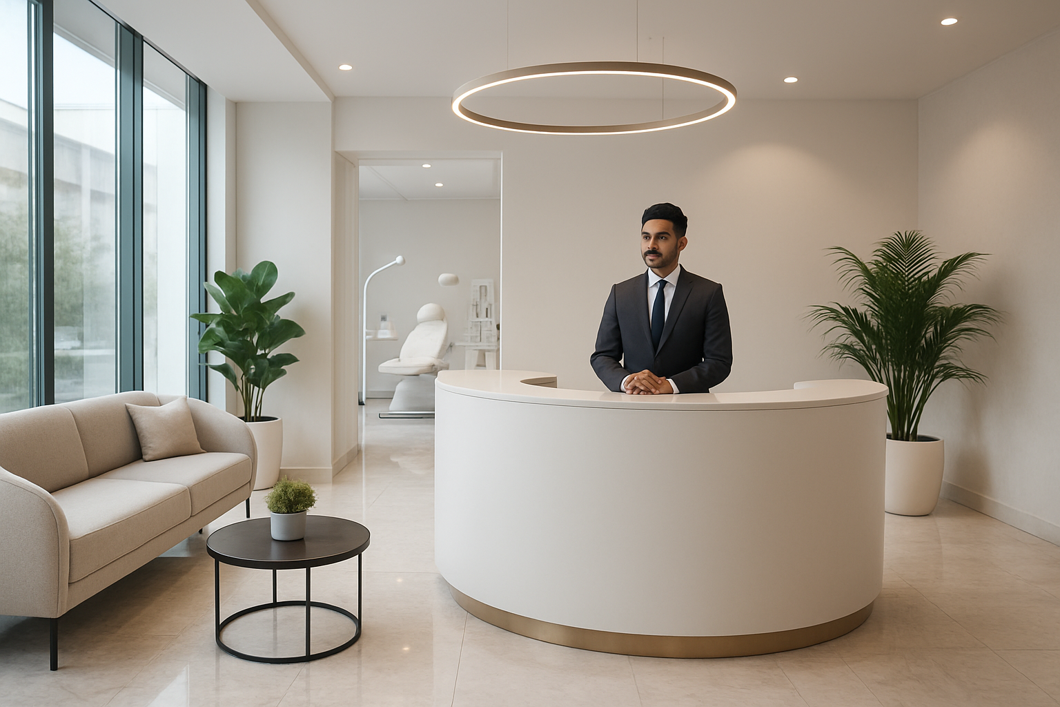 Create a realistic image of a modern, upscale hair transplant clinic interior featuring a sophisticated reception area with sleek contemporary furniture, polished marble floors, elegant lighting fixtures, medical equipment visible in the background, potted plants for ambiance, large windows allowing natural light, clean white and neutral color scheme conveying professionalism and luxury, with a South Asian male receptionist in professional attire behind a curved reception desk, absolutely NO text should be in the scene.