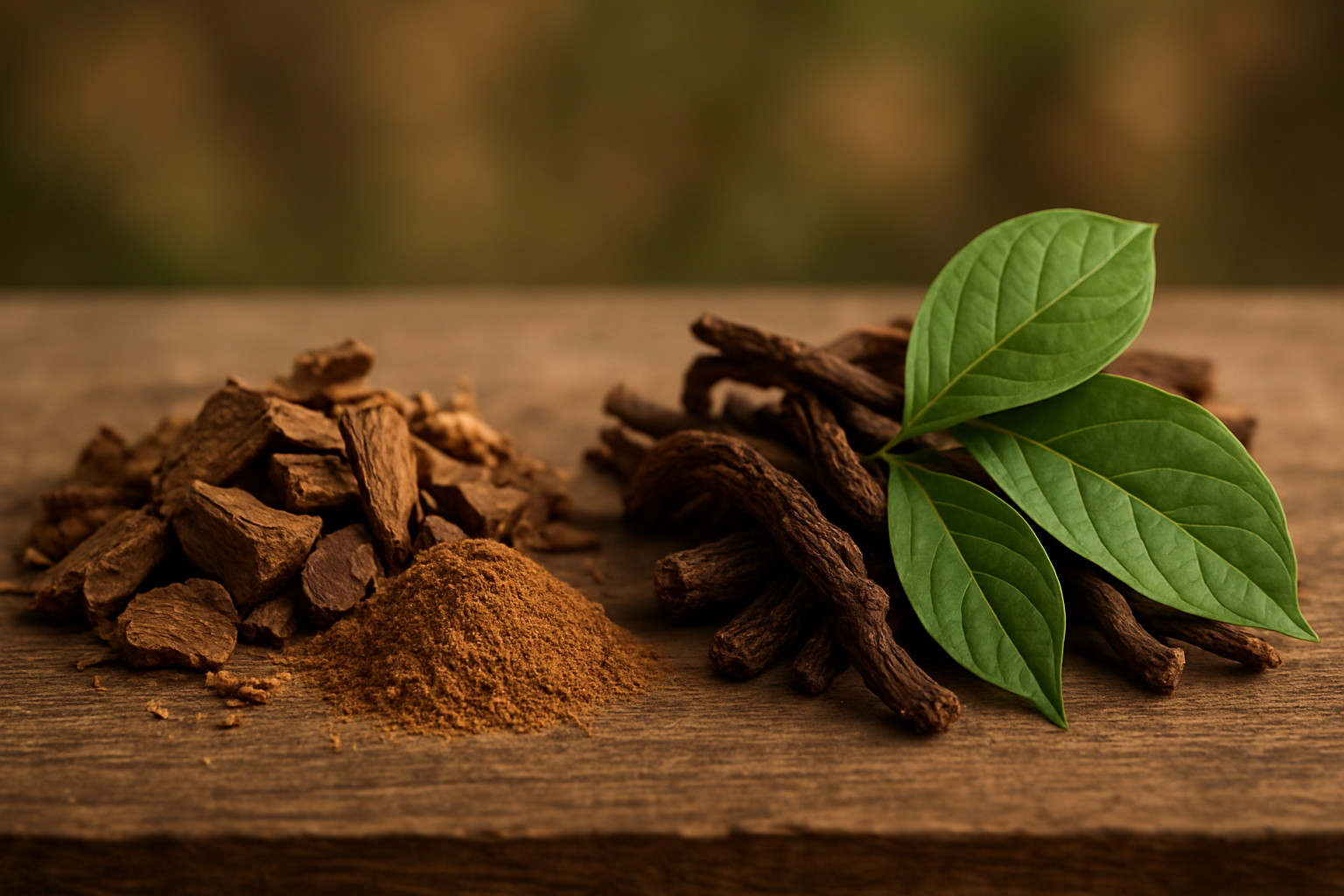 Create a realistic image of two distinct natural plant medicines displayed side by side on a wooden surface, with iboga root bark pieces and powder on the left side in earthy brown tones, and ayahuasca vine pieces with chacruna leaves on the right side in darker brown and green colors, set against a soft natural background with warm ambient lighting that highlights the textures and organic qualities of both plant medicines, creating a serene and educational atmosphere that emphasizes their fundamental differences, absolutely NO text should be in the scene.