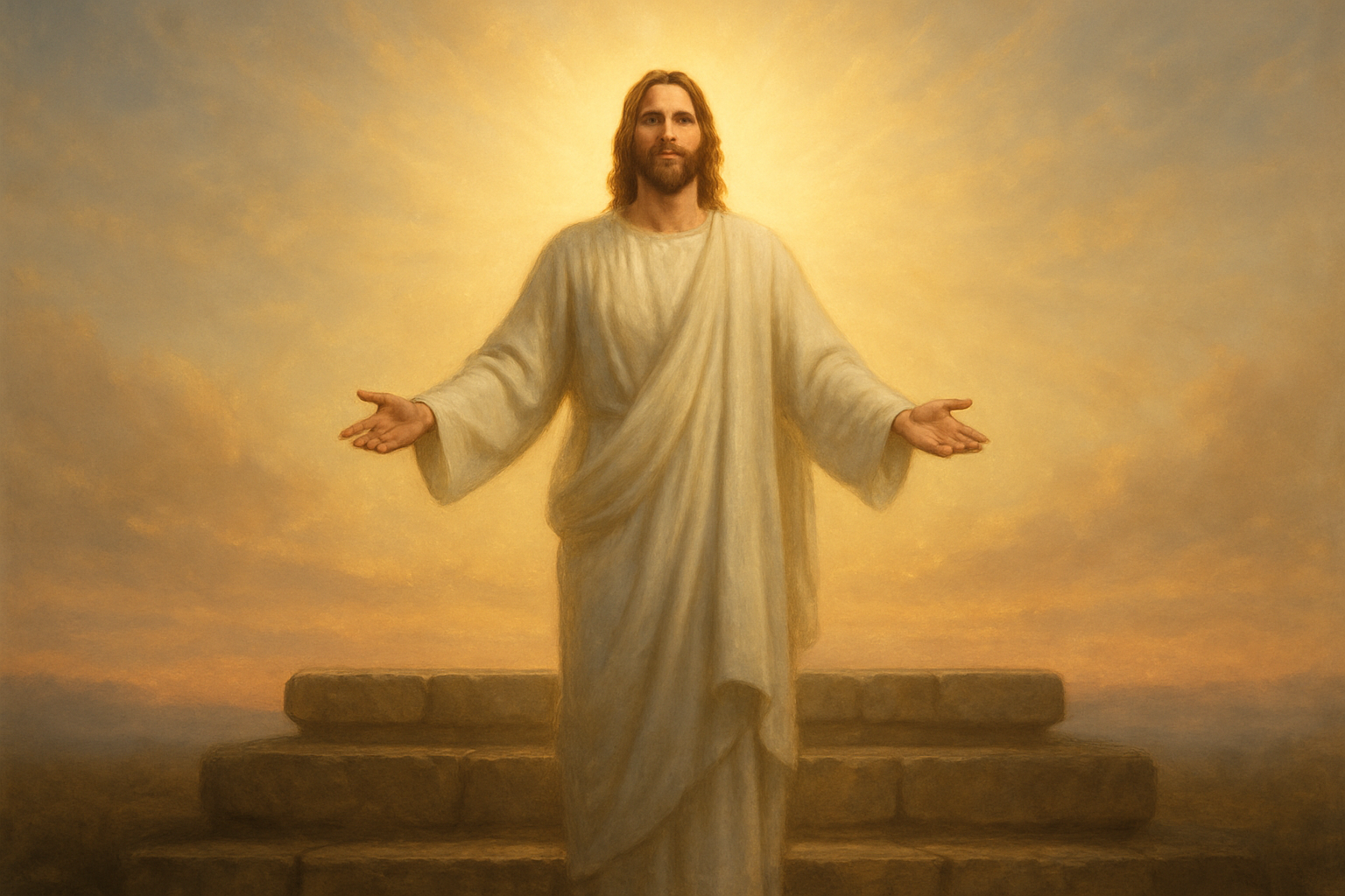 Create a realistic image of a white male figure in simple white robes standing with arms gently outstretched in a pose of offering, surrounded by soft golden divine light radiating from behind him, with ancient stone altar steps at his feet, set against a serene sky with warm sunset colors, peaceful and reverent atmosphere, soft ethereal lighting creating a sacred and holy mood, absolutely NO text should be in the scene.