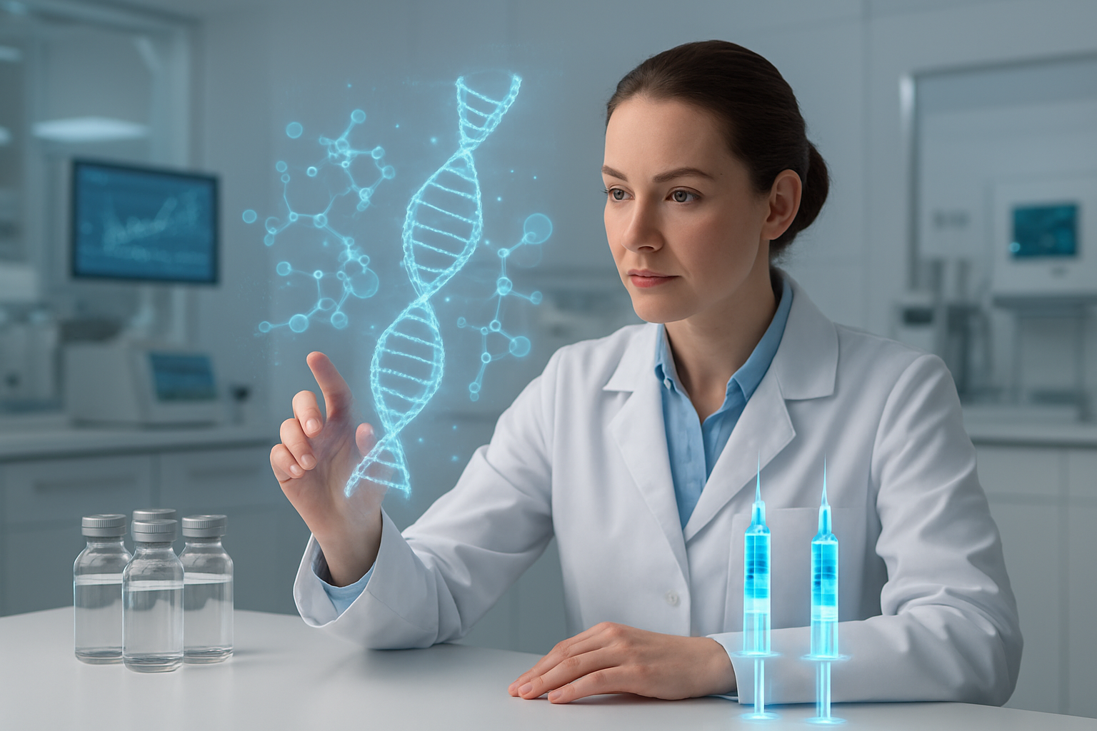 Create a realistic image of a modern medical laboratory scene showing a split comparison between traditional cancer treatment and advanced AI-driven therapy, featuring a white female scientist in a lab coat examining holographic molecular structures and DNA sequences floating above a high-tech workstation, with traditional chemotherapy vials on one side of the desk and futuristic AI-enhanced vaccine syringes glowing with soft blue light on the other side, set against a clean white laboratory background with sophisticated medical equipment, bright clinical lighting, and digital displays showing treatment efficacy charts, conveying hope and scientific breakthrough, absolutely NO text should be in the scene.