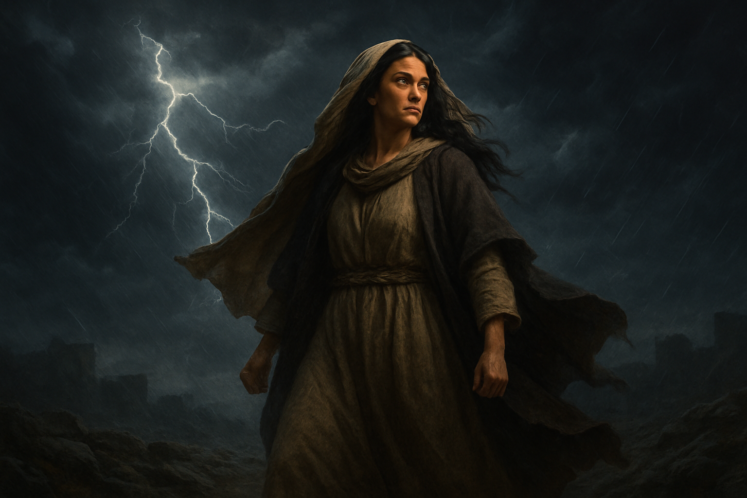 Create a realistic image of a determined Middle Eastern woman in biblical-era clothing standing firm on rocky ground during a fierce storm, with dark turbulent clouds swirling overhead, lightning illuminating the dramatic sky, her robes and hair flowing in the strong wind but her posture remaining steadfast and unwavering, ancient stone structures barely visible in the stormy background, the scene conveying strength and resilience against adversity with dramatic chiaroscuro lighting, absolutely NO text should be in the scene.