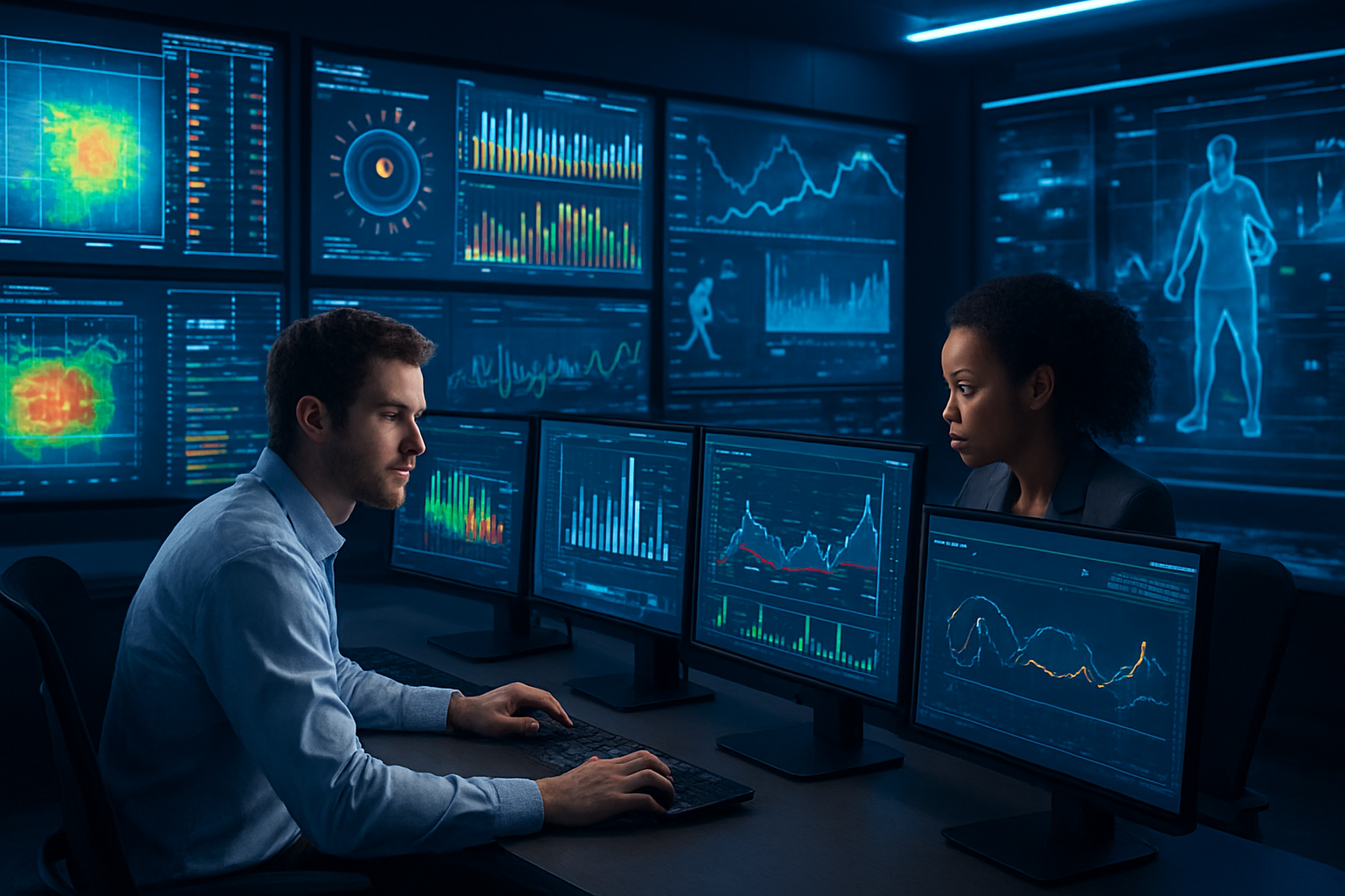 Create a realistic image of a modern sports analytics center with multiple large wall-mounted screens displaying colorful data visualizations, player performance metrics, heat maps, and statistical charts, featuring a diverse team of analysts including a white male data scientist and a black female sports analyst working at sleek computer workstations with multiple monitors, surrounded by high-tech equipment and futuristic holographic displays showing athlete biometrics and performance trajectories, set in a dimly lit professional environment with blue and white LED accent lighting creating a cutting-edge technological atmosphere, with silhouettes of athletes visible on some screens and real-time data streams flowing across displays, absolutely NO text should be in the scene.