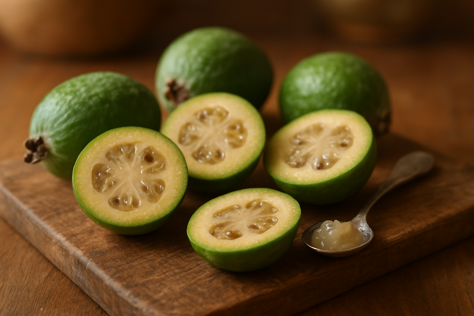 Create a realistic image of fresh feijoa fruits cut in half displaying their translucent flesh with dark seeds, alongside whole uncut feijoas with their green bumpy skin, arranged on a rustic wooden cutting board with a small spoon nearby showing scooped out fruit flesh, set against a warm natural kitchen background with soft diffused lighting that highlights the unique texture and appearance of the pineapple guava fruit, absolutely NO text should be in the scene.