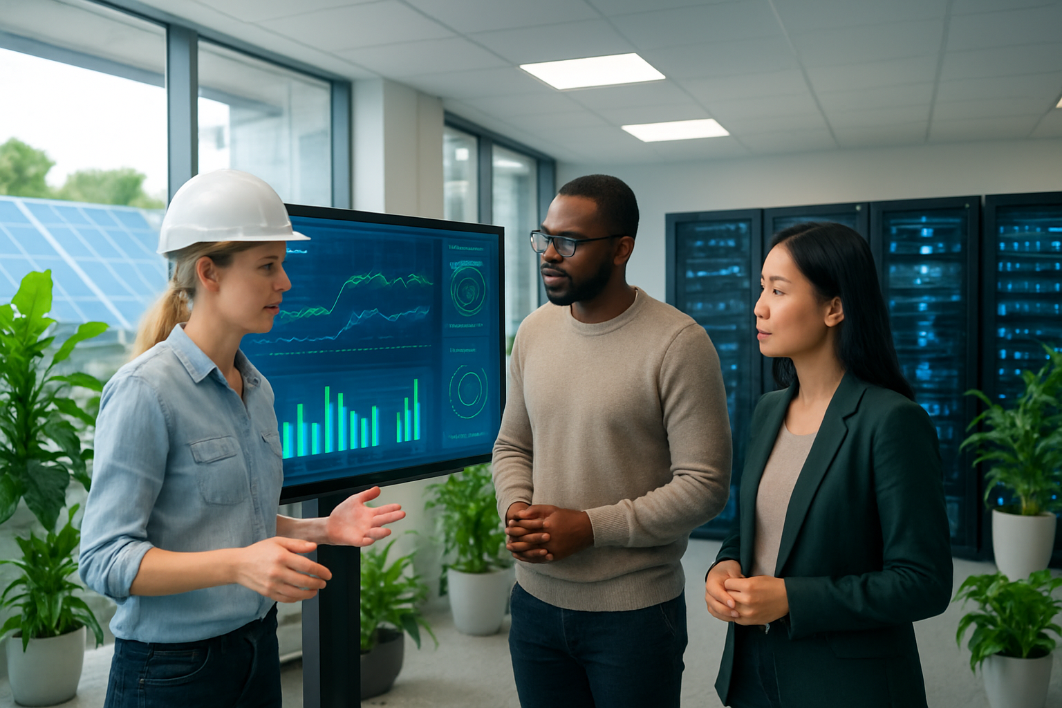 Create a realistic image of a modern office environment where a diverse team of professionals - including a white female engineer, a black male data scientist, and an Asian female sustainability expert - are collaborating around a large interactive display showing energy consumption graphs and AI processing charts, with visible server racks in the background emitting a soft blue glow, green plants strategically placed throughout the workspace, energy-efficient LED lighting, and solar panels visible through large windows, creating a harmonious blend of cutting-edge technology and environmental consciousness, with a bright, optimistic lighting that emphasizes innovation and responsibility, absolutely NO text should be in the scene.