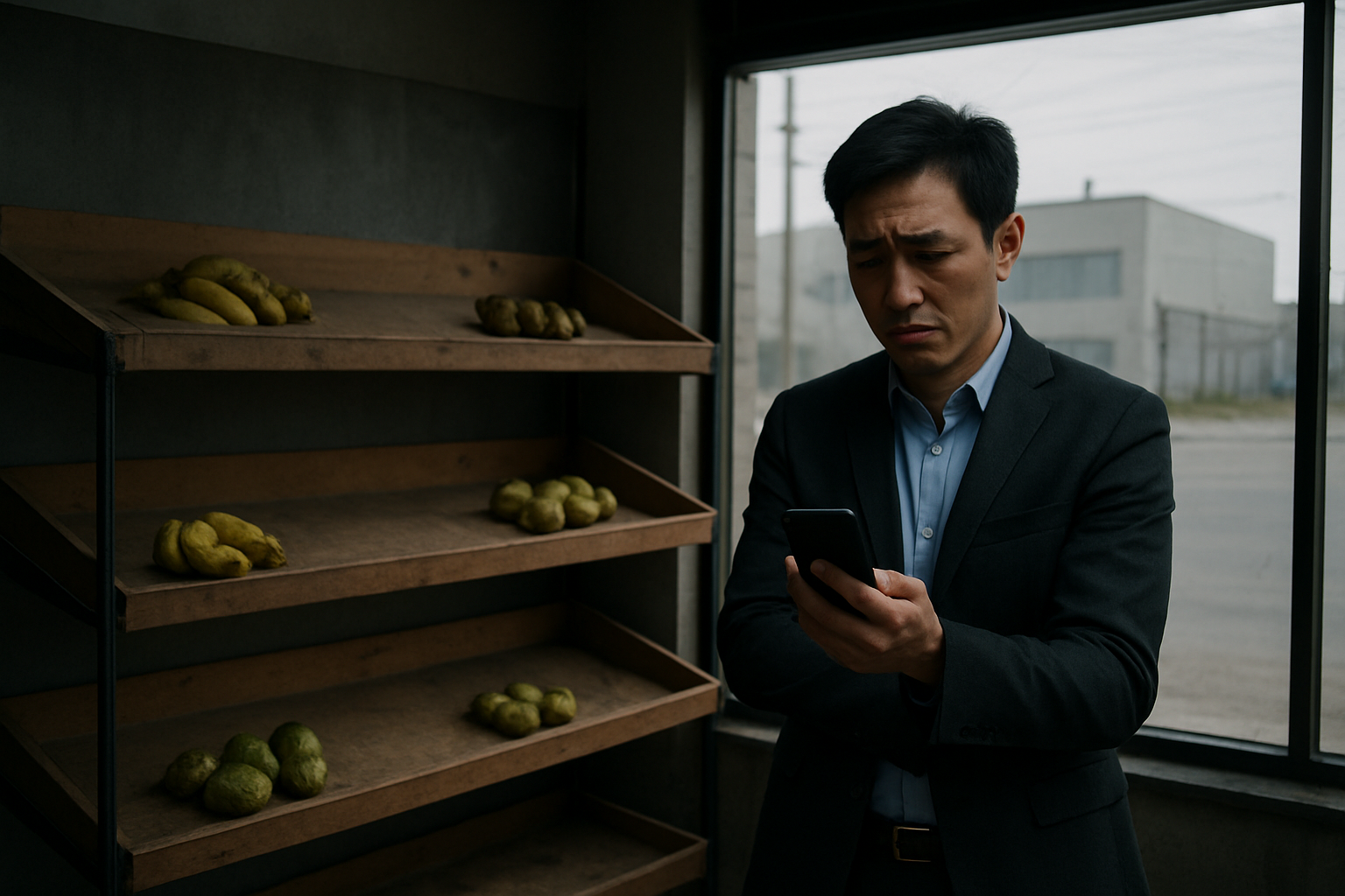 Create a realistic image of a disappointed Asian male business owner standing in front of an empty fruit store with wilted fruits on display shelves, looking at a smartphone showing location analytics, with a poorly chosen storefront location visible through the window showing an industrial area with no foot traffic, under dim natural lighting that conveys the mood of making wrong business decisions, absolutely NO text should be in the scene.