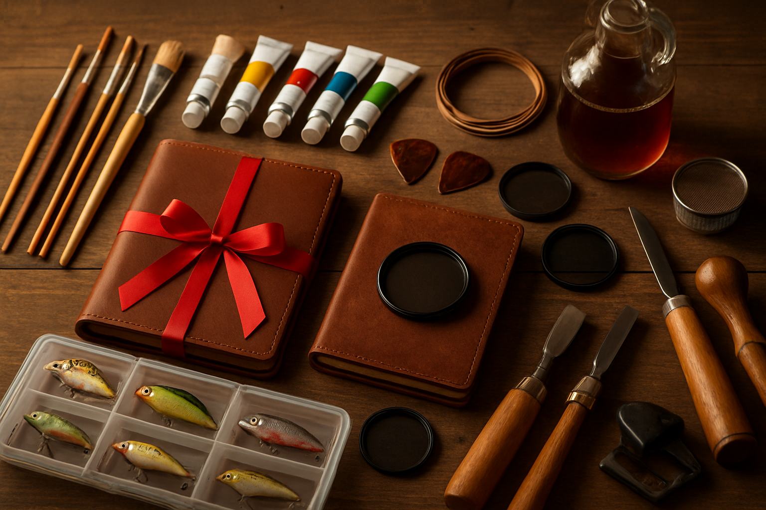 Create a realistic image of a carefully arranged collection of hobby-related Valentine's gifts including professional art supplies like brushes and paints, high-quality guitar picks and strings, premium fishing lures in a tackle box, leather-bound journals, craft beer brewing equipment, photography lens filters, and woodworking tools, all beautifully displayed on a rustic wooden surface with soft warm lighting creating an inviting atmosphere that showcases thoughtful gift-giving for men's hobbies and interests, absolutely NO text should be in the scene.